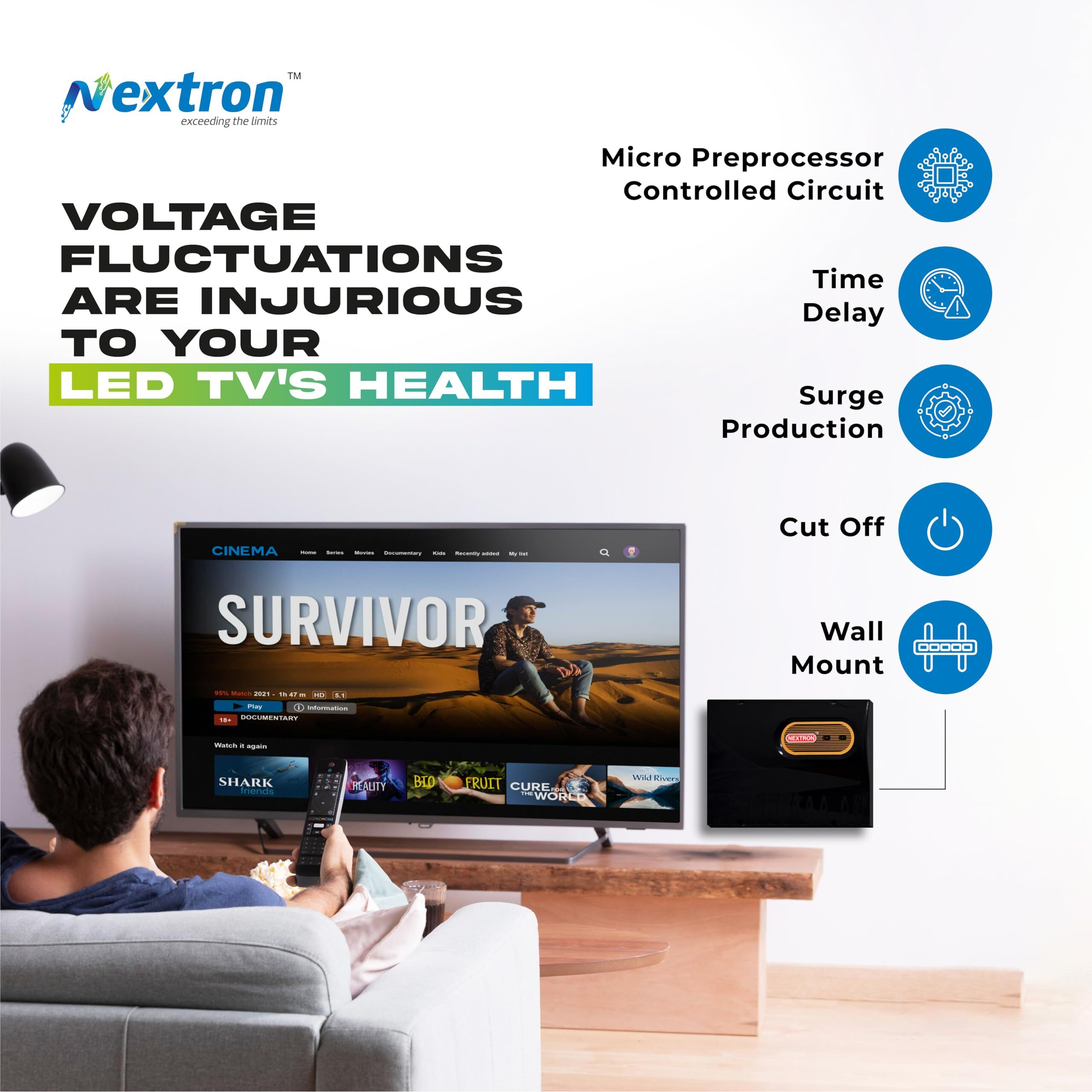 NEXTRON Voltage Stabilizer for Smart LED TV for 32/43/55 inchs+ Set Top Box+Home Theater System/Gaming Console (Black)(90-290Vwith 5 Years Warranty, ((90-290V)) (Range 90-290V)