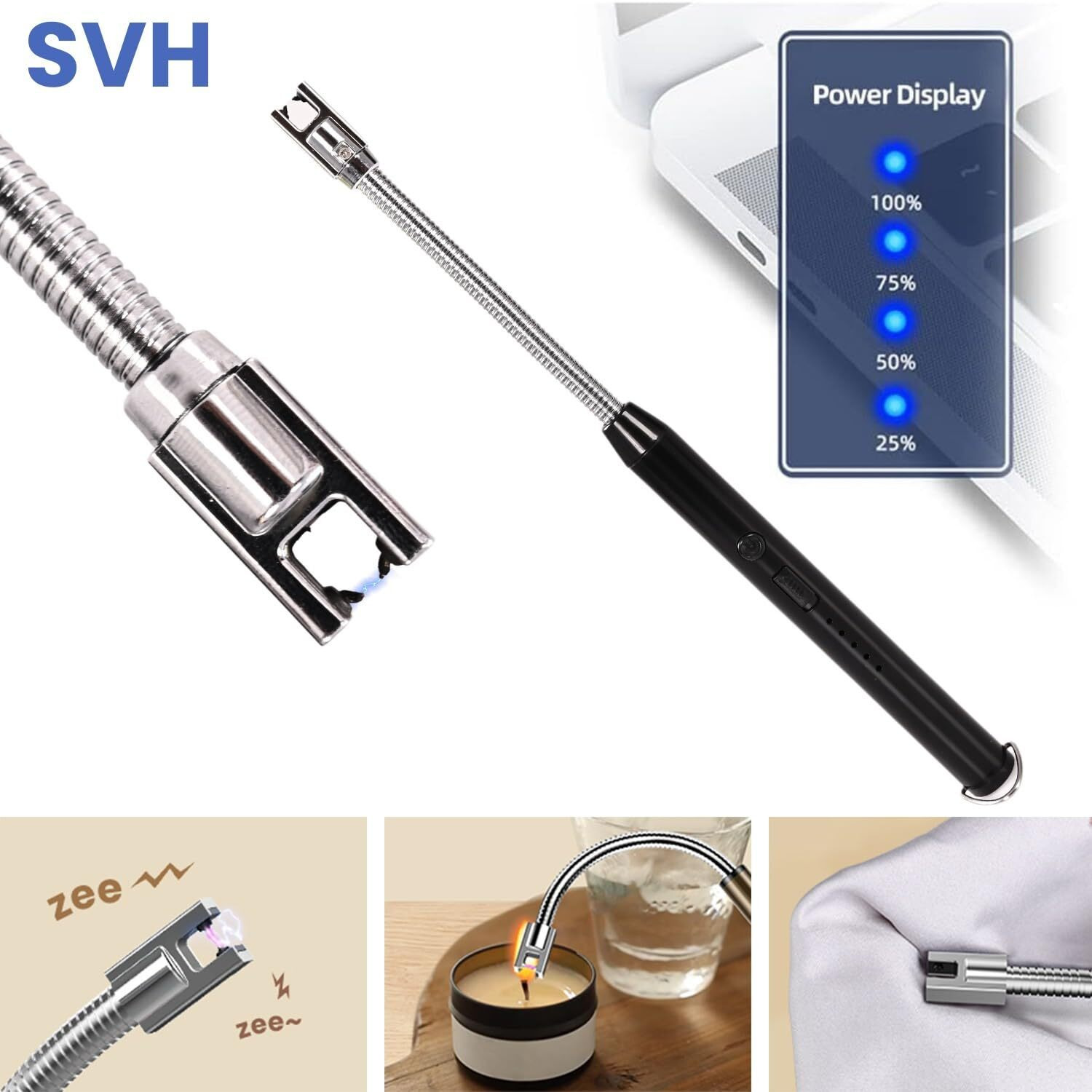 SVH Stainless Steel Electric Rechargeable Gas Lighter/Plasma Lighter Flameless Windproof Usb Lighter 360 Deg Flexible Neck Arc Lighter For Kitchen,Barbecue,Candles,Gas Stove,Bbq,Fireworks(Multicolor)