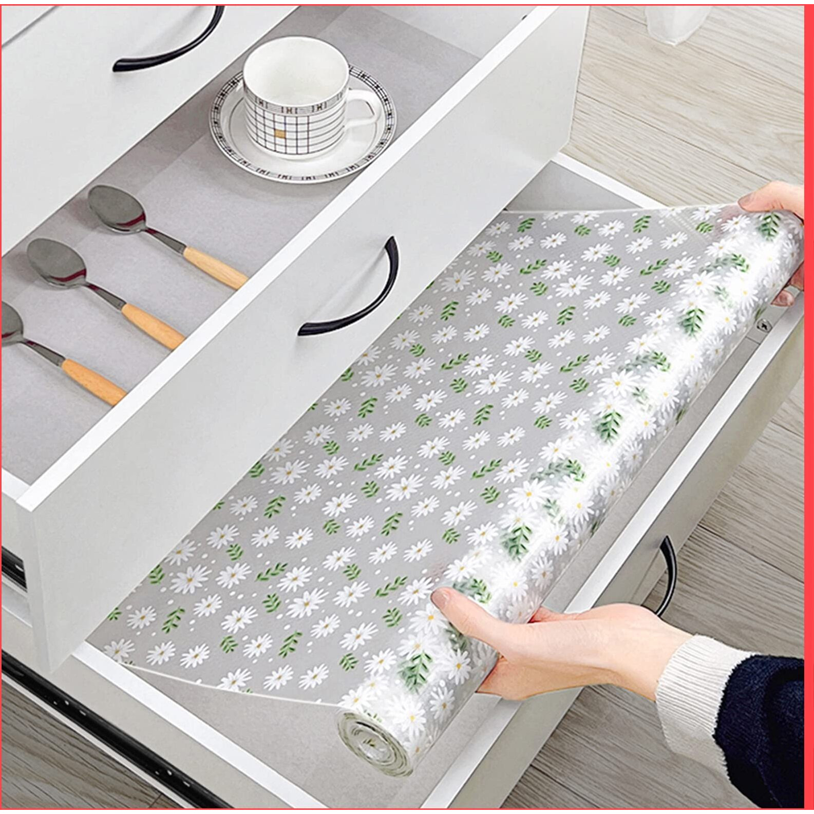 Wolpin Anti-Slip Kitchen Cabinet Drawer Shelf Mat Liner Sheets (45 cm x 3 M Roll) Waterproof Strong Table Mat EVA for Bathroom, Fridge Mat Textured Multipurpose (Flower Leaves), Ethylene Vinyl Acetate