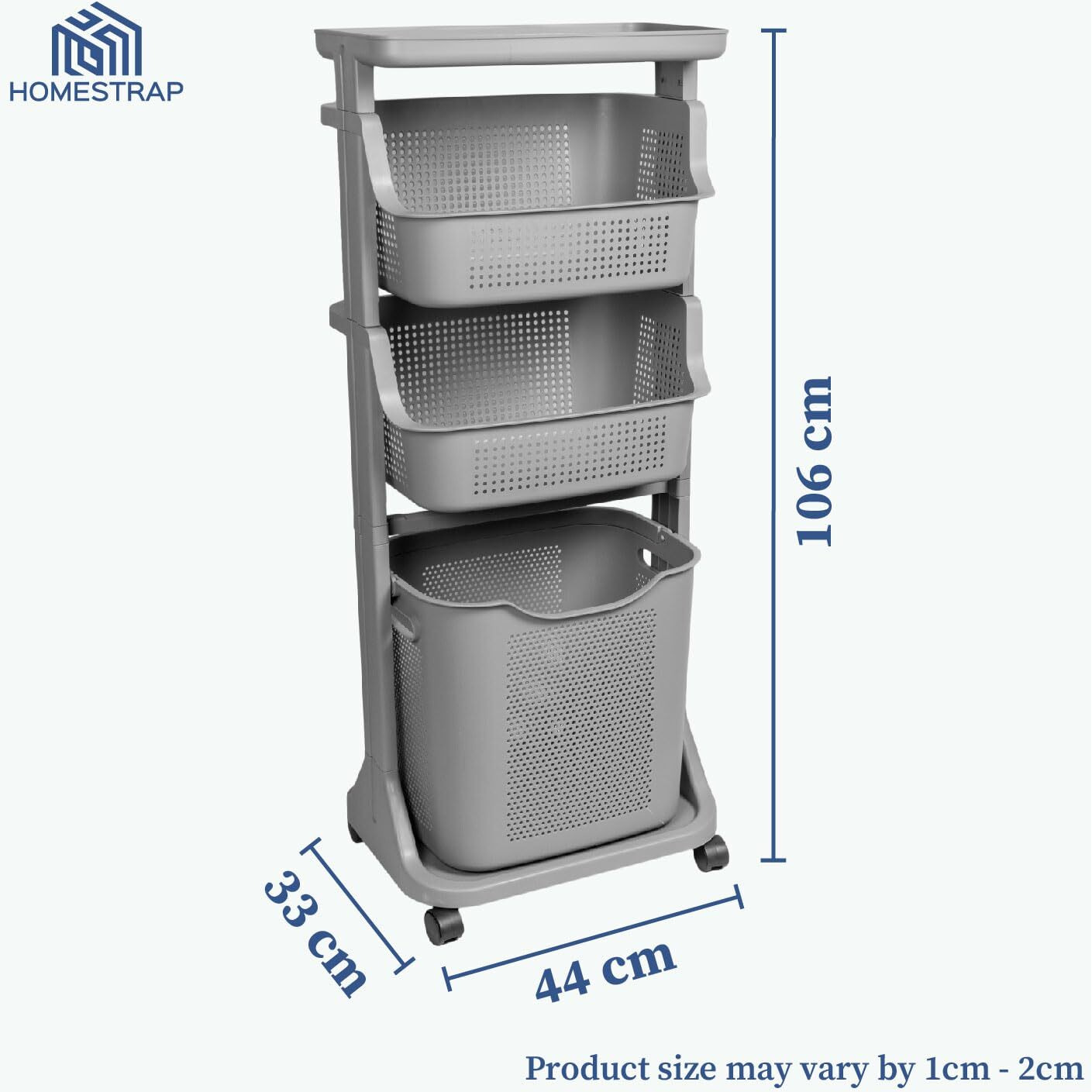 HomeStrap Laundry Magic Mover /3 Layer Laundry Basket with Wheels/Storage Basket/Household Kitchen Shelf (Grey) Plastic