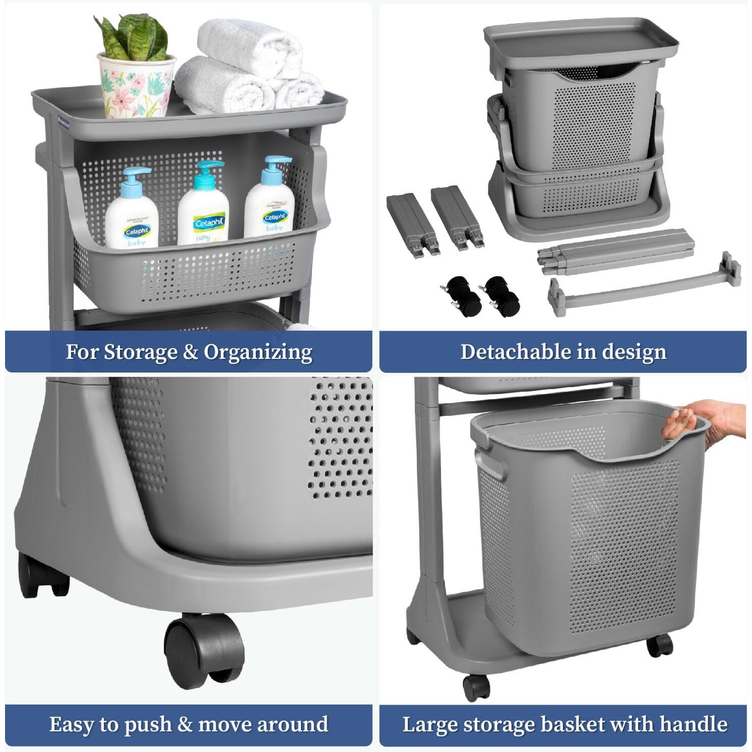 HomeStrap Laundry Magic Mover /3 Layer Laundry Basket with Wheels/Storage Basket/Household Kitchen Shelf (Grey) Plastic