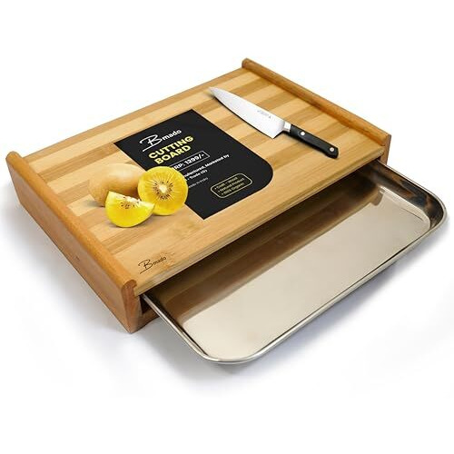 Bmado Homefull Wooden Cutting Board with Tray - Bamboo Chopping Board with Stainless Steel Pull Out Sliding Drawer Pan Tray Container(32 x 22 x 6 cm)