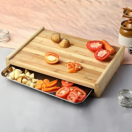 Bmado Homefull Wooden Cutting Board with Tray - Bamboo Chopping Board with Stainless Steel Pull Out Sliding Drawer Pan Tray Container(32 x 22 x 6 cm)