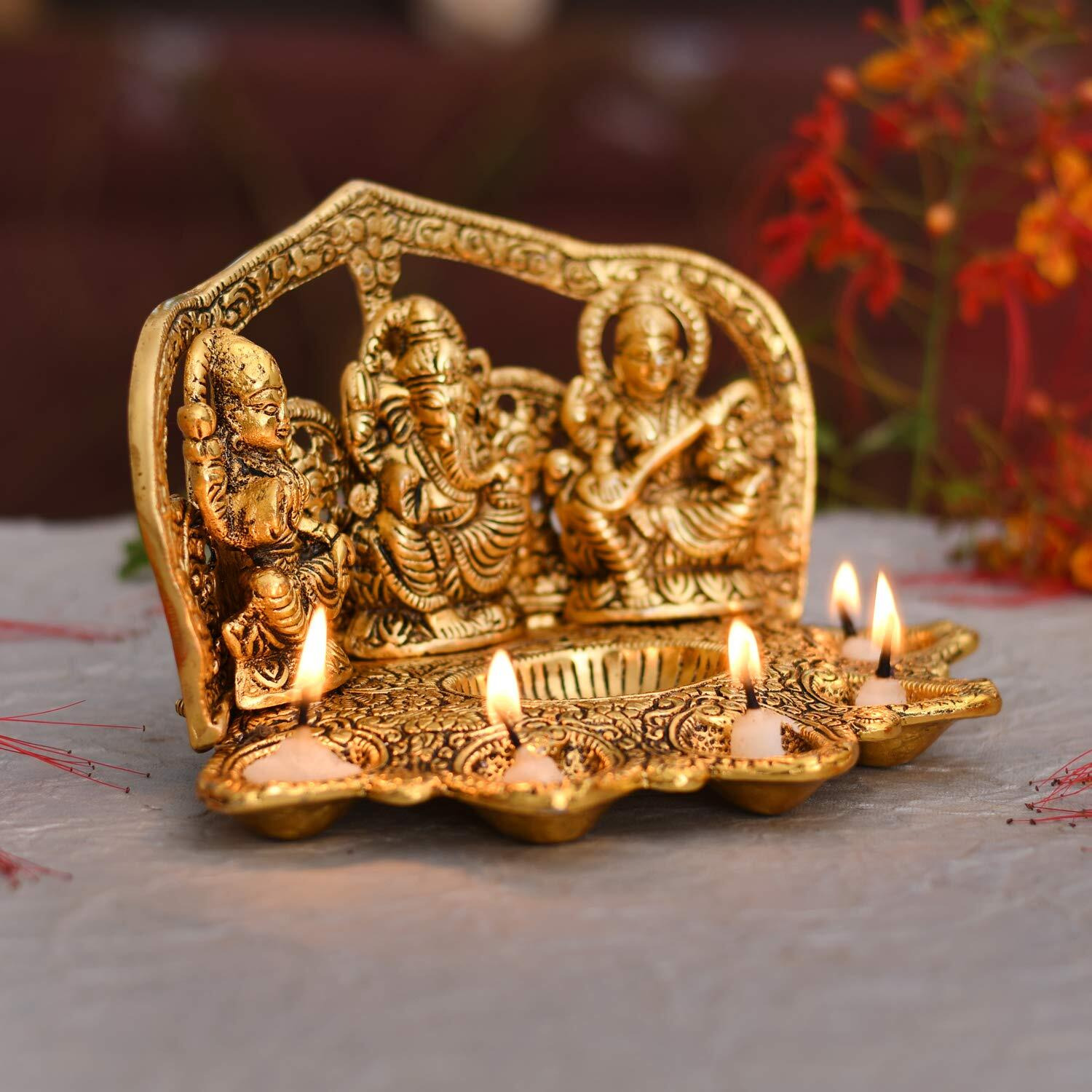 Collectible India Laxmi Ganesh Saraswati Idol Diya Oil Lamp Deepak - Metal Lakshmi Ganesha Showpiece Statue - Traditional Diya for Diwali Puja - Diwali Home Decoration Items Gifts (1) (1)