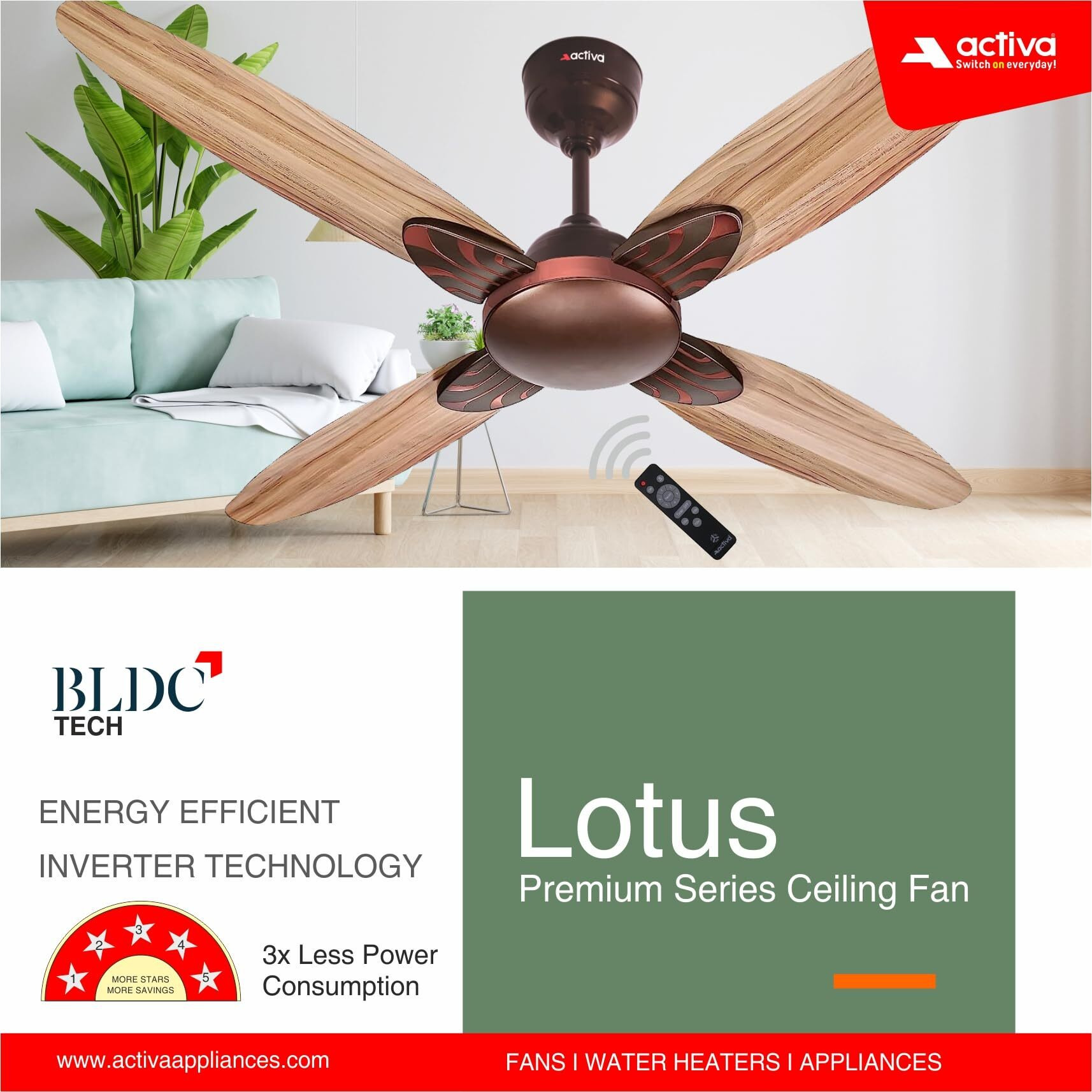 ACTIVA Premium Series Lotus 1200 MM Noiseless 380 RPM High Speed BLDC Motor (28 Watts) with Remote control Wood Ceiling Fan With Wooden Finish come with 5 Years Warranty (RoseWood)