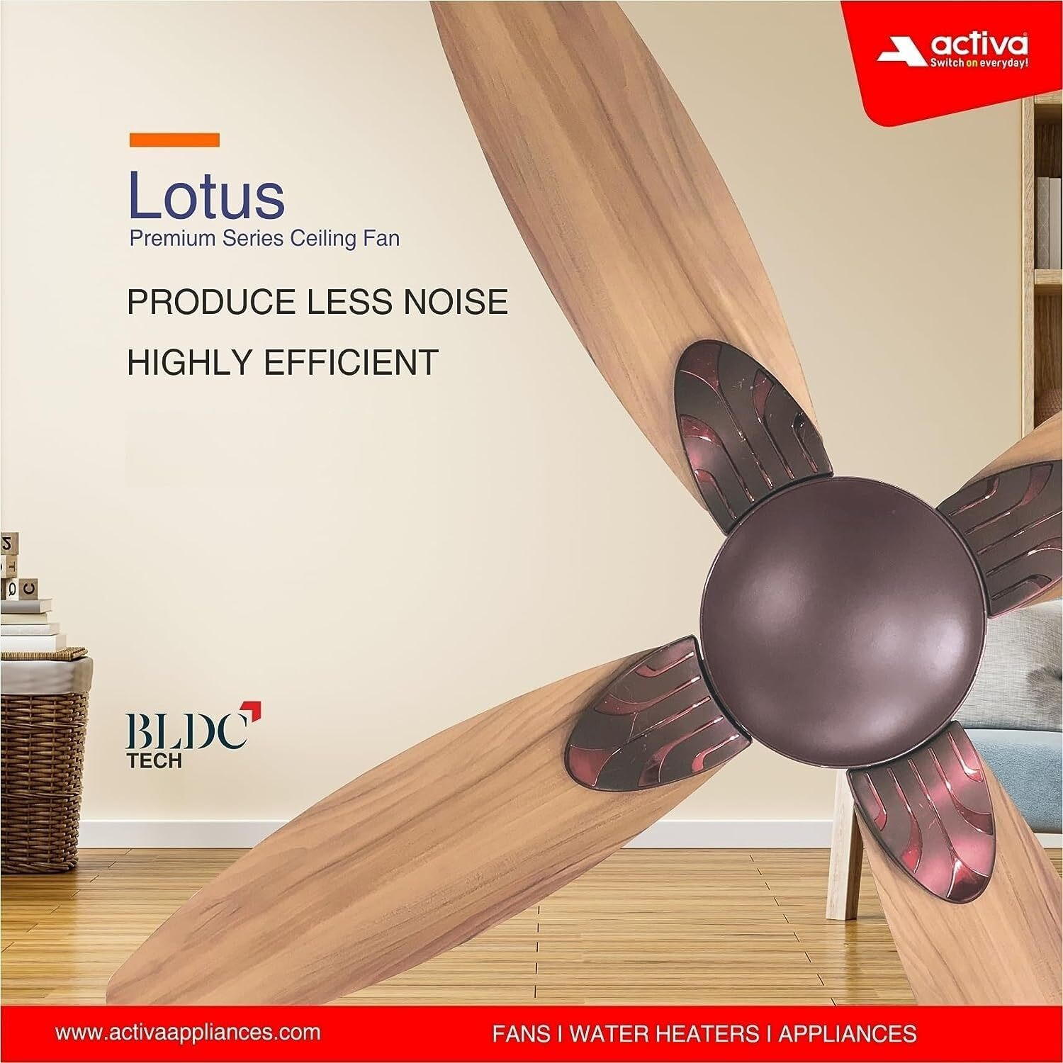 ACTIVA Premium Series Lotus 1200 MM Noiseless 380 RPM High Speed BLDC Motor (28 Watts) with Remote control Wood Ceiling Fan With Wooden Finish come with 5 Years Warranty (RoseWood)