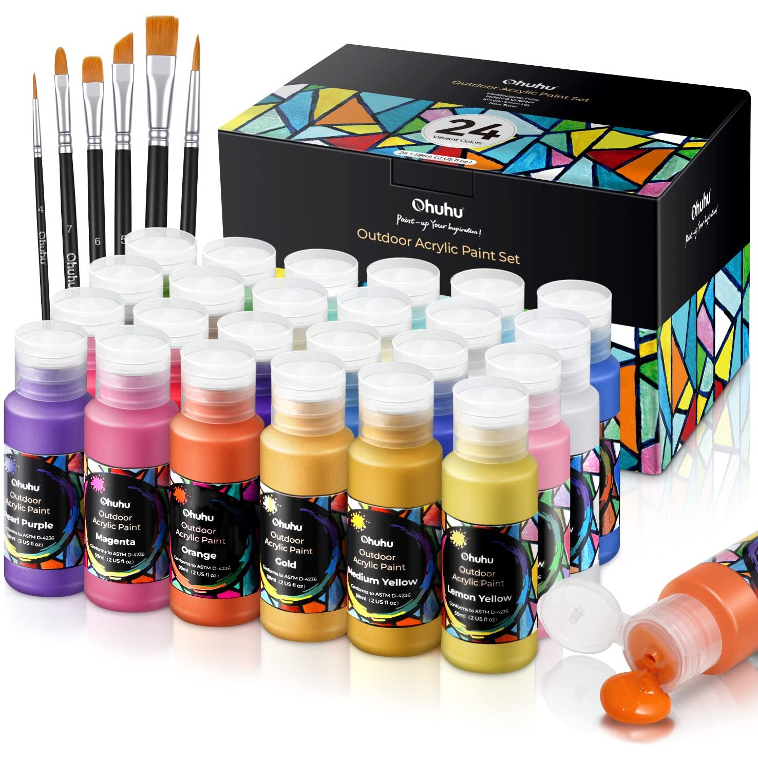 Ohuhu Acrylic Paint Set 24 Acrylic Colours Painting kit Waterproof 20 Basic & 4 Metallic Painting Colours Acrylic Paints with 6 Brushes for Fabric Canvas Glass Woods Rocks Patio Statues Last 3-4 Years