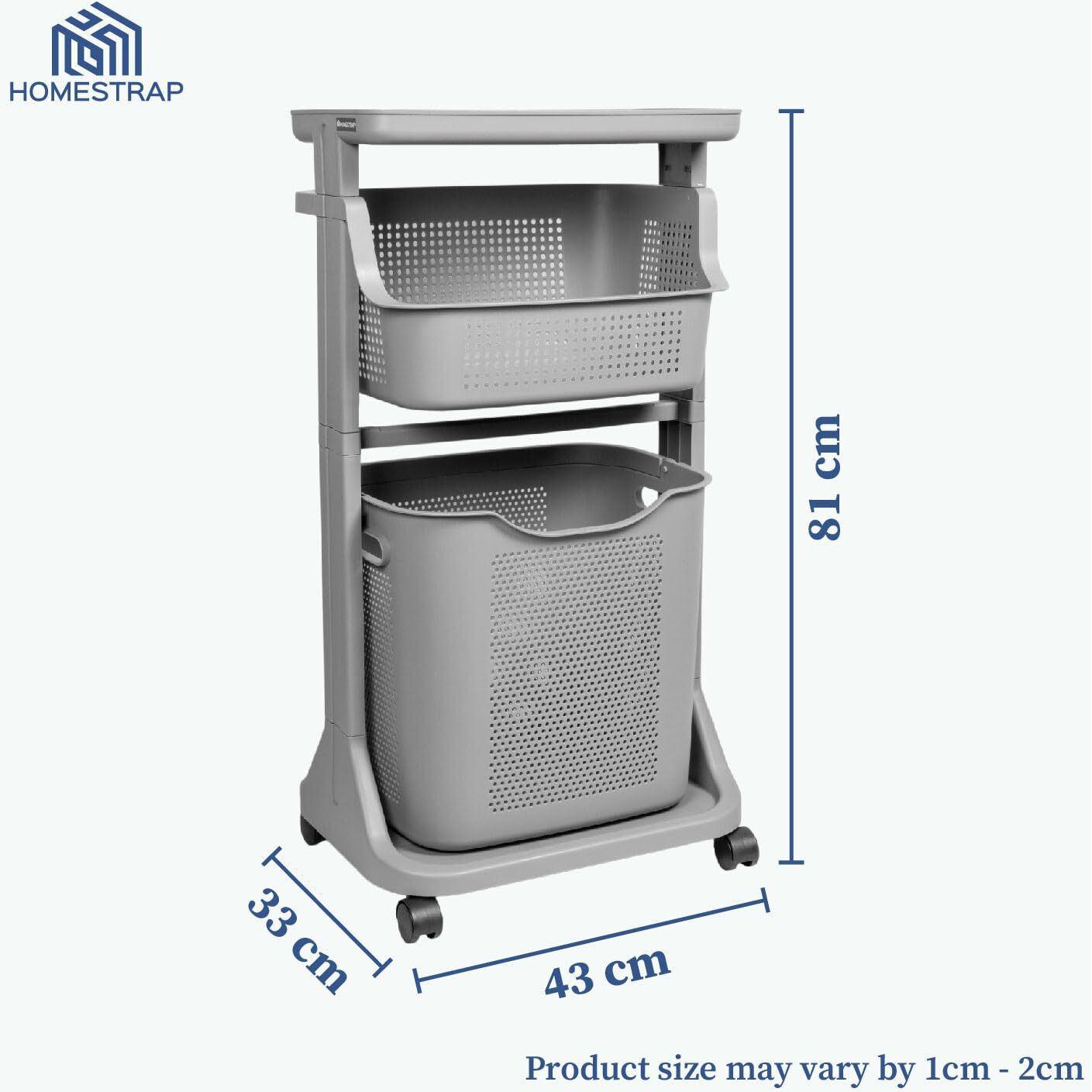 HomeStrap Laundry Magic Mover /2 Layer Laundry Basket With Wheels/Storage Basket/Household kitchen Shelf (Grey)Plastic