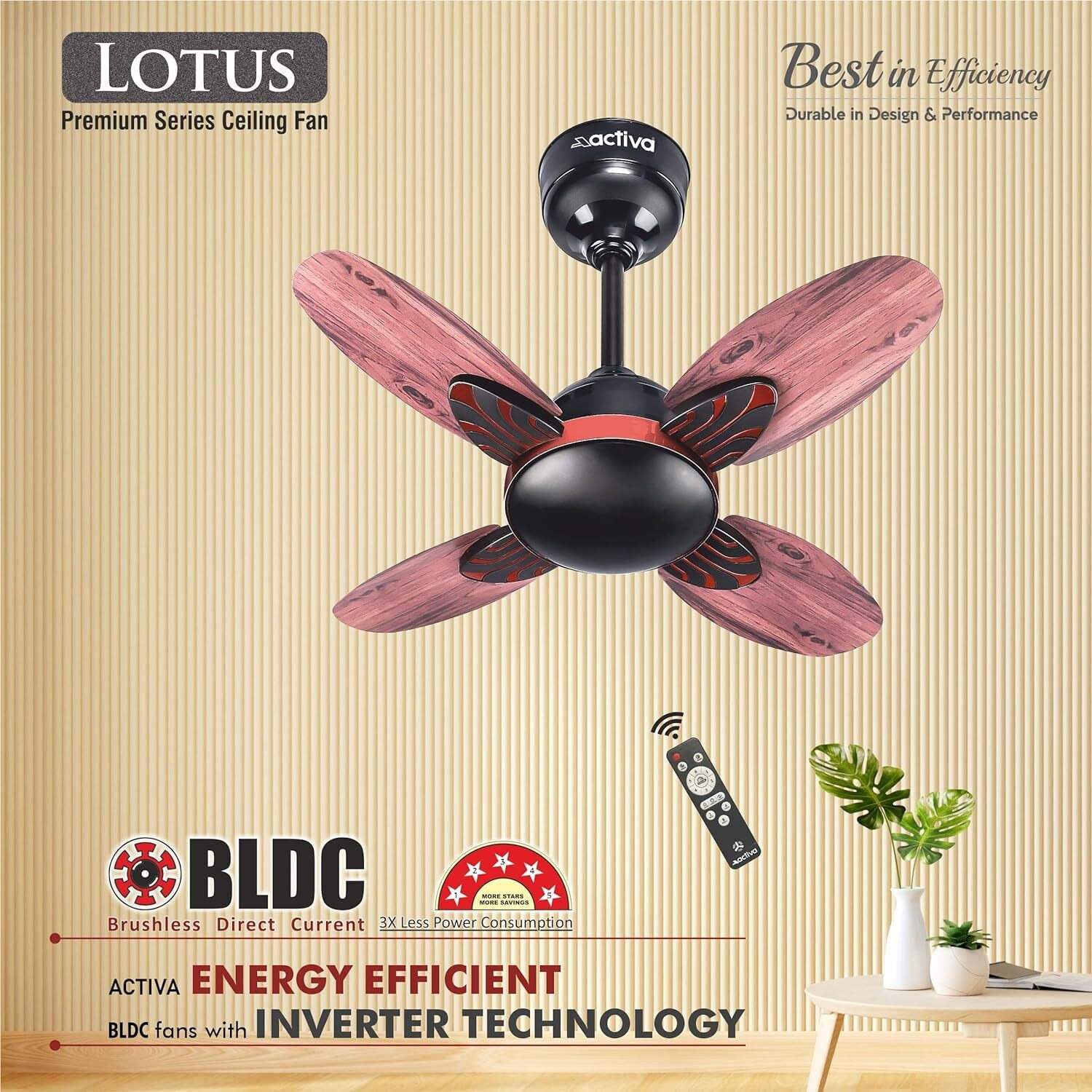 ACTIVA Premium Series Lotus 600 MM Noiseless 850 RPM High Speed BLDC Motor (28 Watts) with Remote control Wood Ceiling Fan With Wooden Finish come with 5 Years Warranty (SmokeWood)