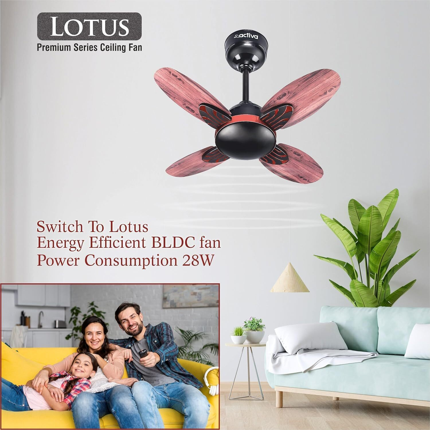 ACTIVA Premium Series Lotus 600 MM Noiseless 850 RPM High Speed BLDC Motor (28 Watts) with Remote control Wood Ceiling Fan With Wooden Finish come with 5 Years Warranty (SmokeWood)