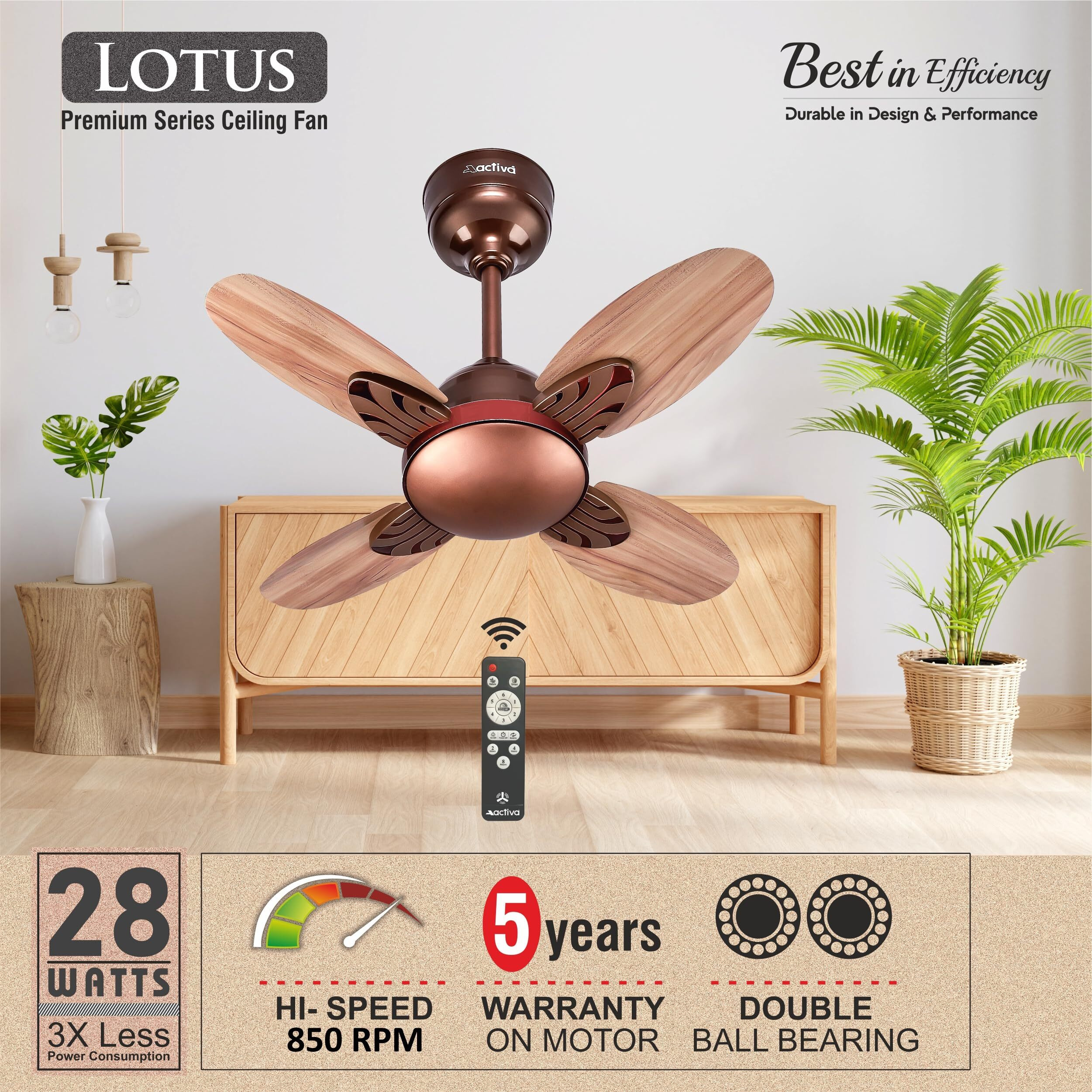 Activa Premium Series Lotus 600 Mm Noiseless 850 Rpm High Speed Bldc Motor (28 Watts) With Remote Control Wood Ceiling Fan Wooden Finish Come With 5 Years Warranty (Rosewood) 5 stars