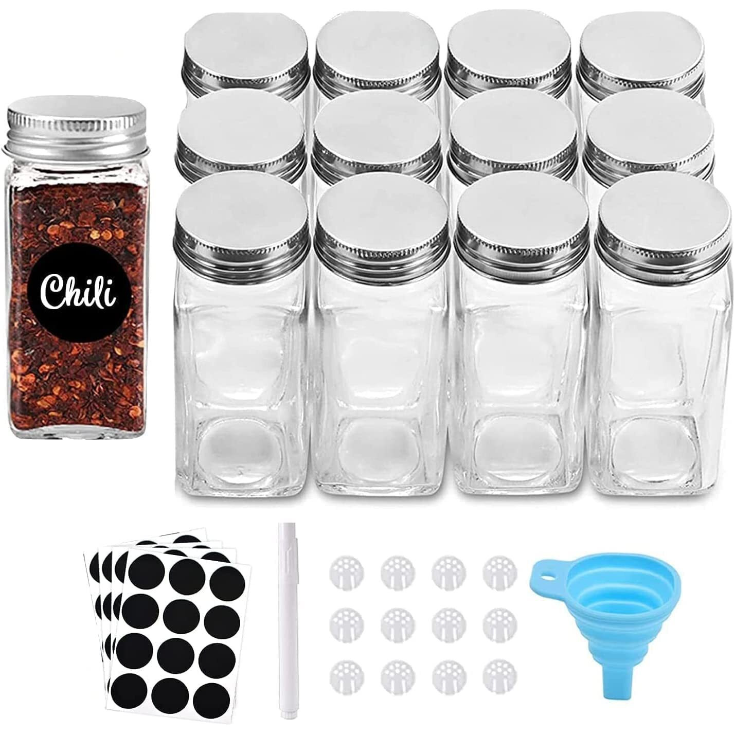 KITOME Clear Glass Spice Jars, 120Ml Empty Square Seasoning Bottles with Shaker Lids, Metal Caps, Chalk Marker, 48 Black Labels, Cleaning Brush and Silicone Collapsible Funnel (12Pcs).