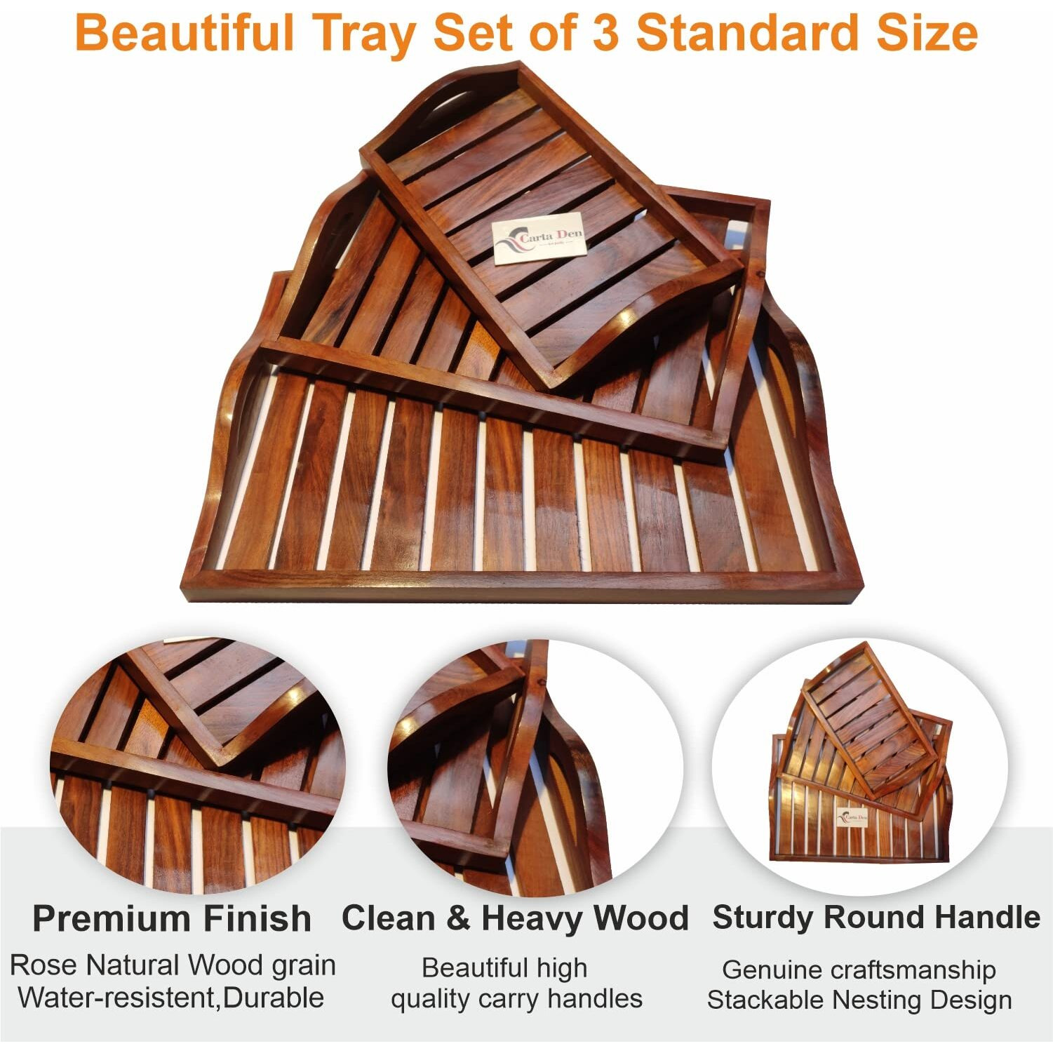 CartaDen Wooden Serving Trays Unique Style with Round Handle Large, Medium and Small for Food, Wooden Trays for Breakfast - Natural Wood and Brown (Set of 3)