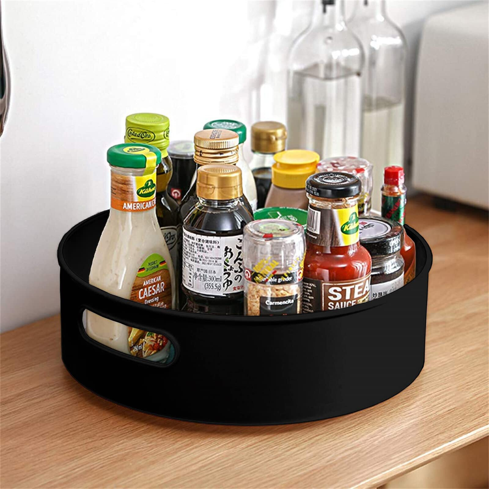 INOVERA Lazy Susan 360 Rotating Kitchen Spice Cosmetic Holder Organizer Rack Tray (23L x 23B x 7.5H cm) (Pack of 3, Black)