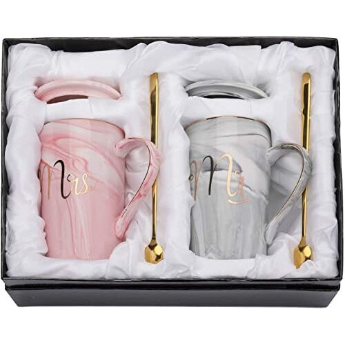 CPENSUS Ceramic Marble Finish Coffee Mug With Lid & Spoon For Anniversary Wedding Engagement Valentine Gifts For Couple 380 ML