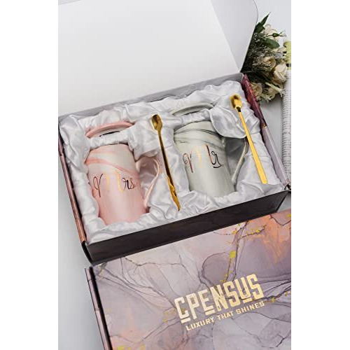 CPENSUS Ceramic Marble Finish Coffee Mug With Lid & Spoon For Anniversary Wedding Engagement Valentine Gifts For Couple 380 ML