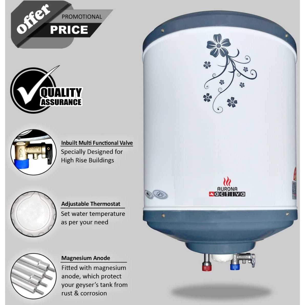 ACTIVA Storage (2Kva) 25 Ltr Special Anti Rust Coated Wall Mounted Geyser Aurona Suitable For High Rise Buildings Comes With 5 Years Warranty