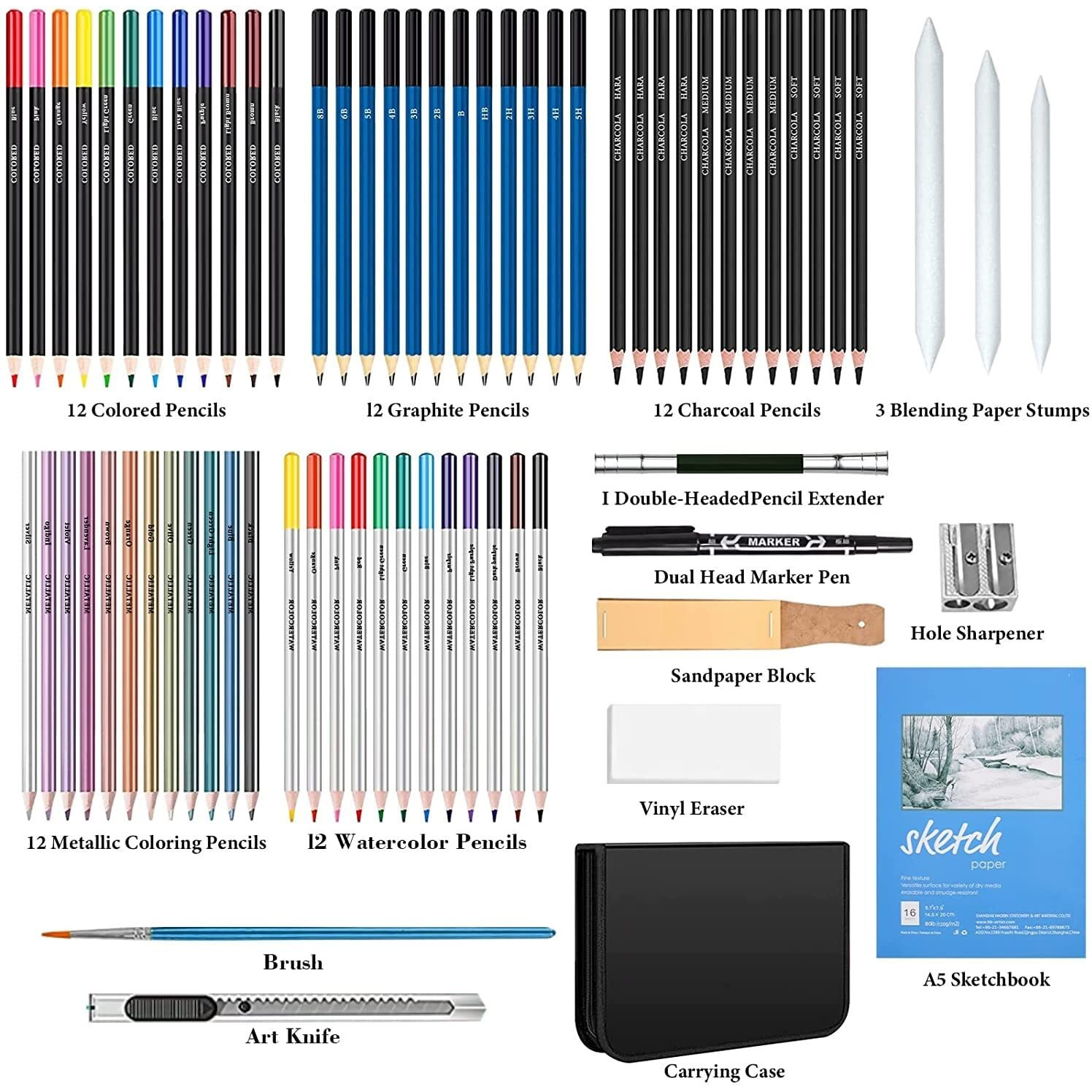 Corslet 73 Pc Sketching Kit 40 Pc Colour Pencil Drawing Pencils for Artists Kit A5 Sketch Book Charcoal Pencil Art Supplies for Artist Sketch Pencils Set for Artists Drawing Kit