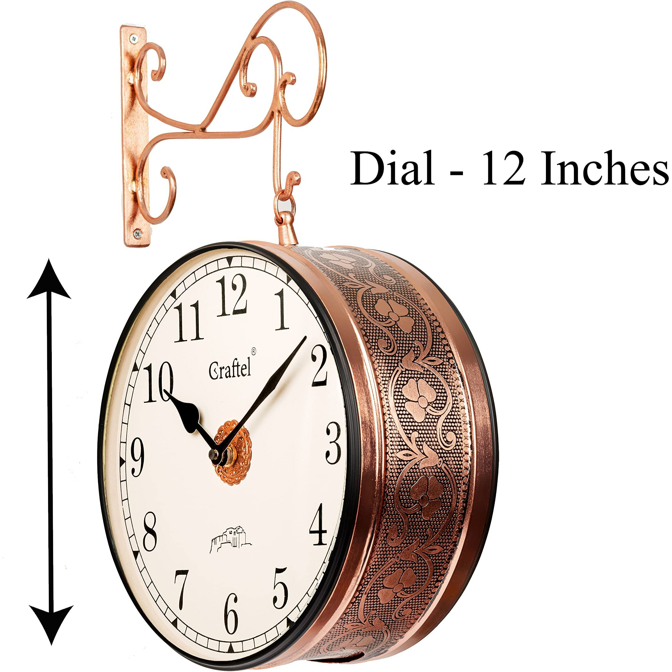 CRAFTEL Metal Analog Double Sided Vintage Station Wall Clock with Brass in Dial (Rose Gold_12 Inches)