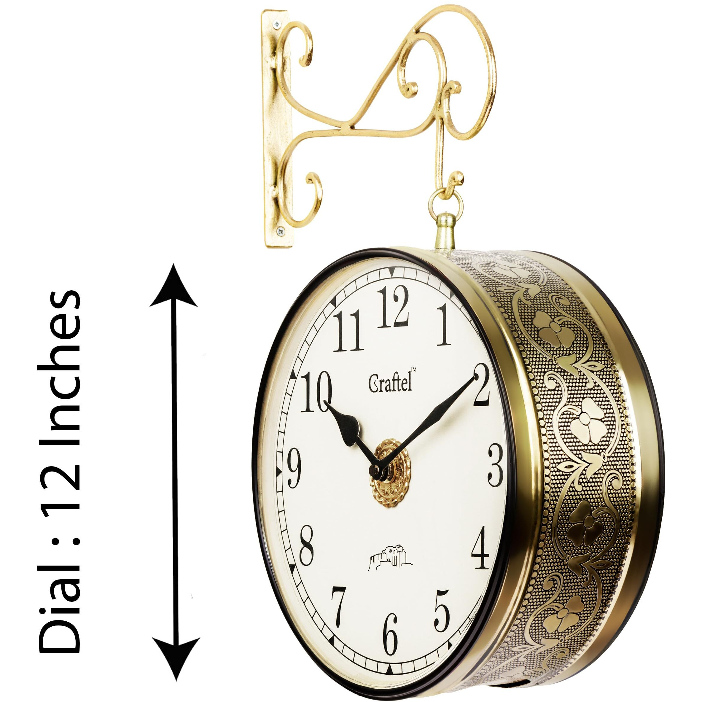 CRAFTEL Metal Analog Double Sided Vintage Station Wall Clock with Brass in dial (Golden 12 Inches)