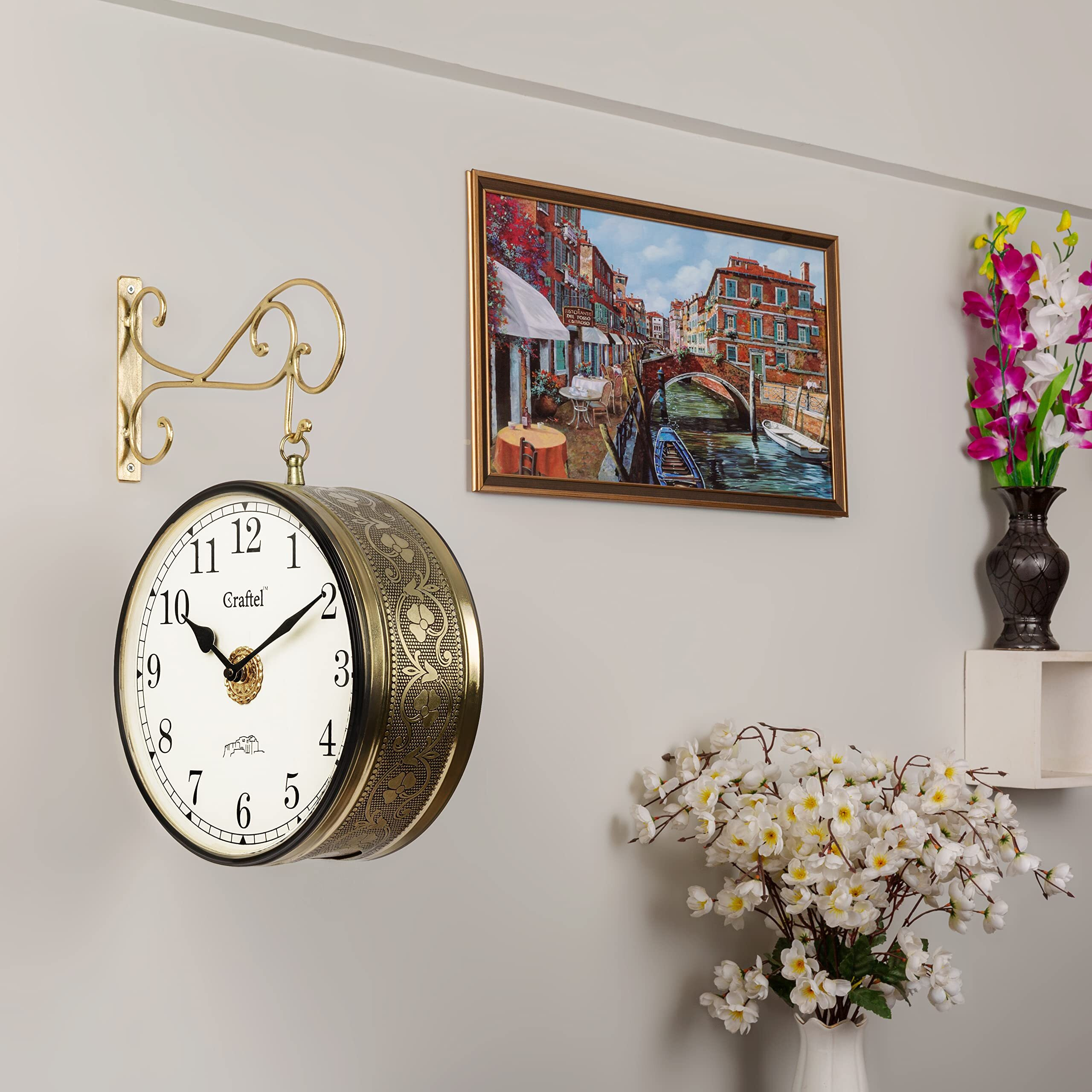 CRAFTEL Metal Analog Double Sided Vintage Station Wall Clock with Brass in dial (Golden 12 Inches)