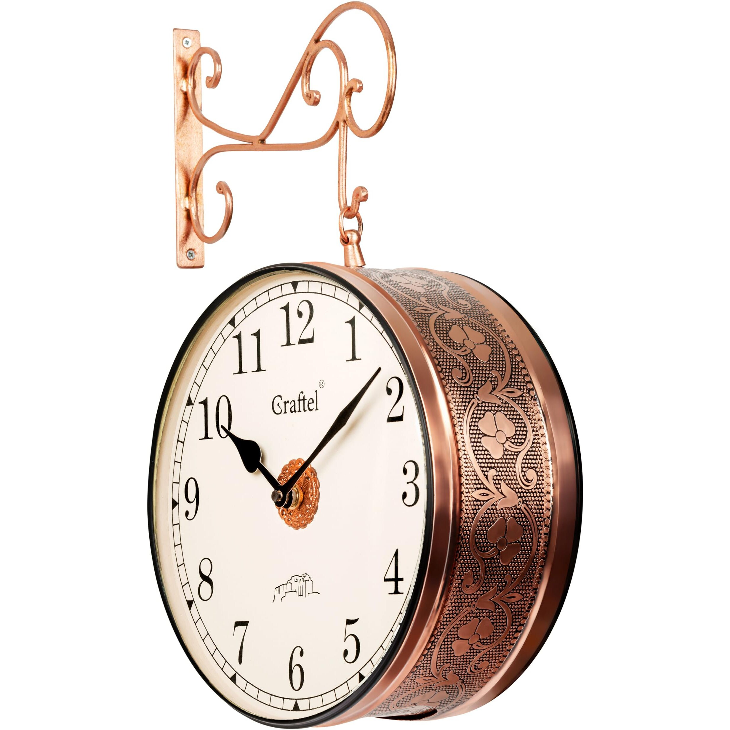 CRAFTEL Metal Analog Double Sided Vintage Station Wall Clock with Brass in Dial (Rose Gold_10 Inches)