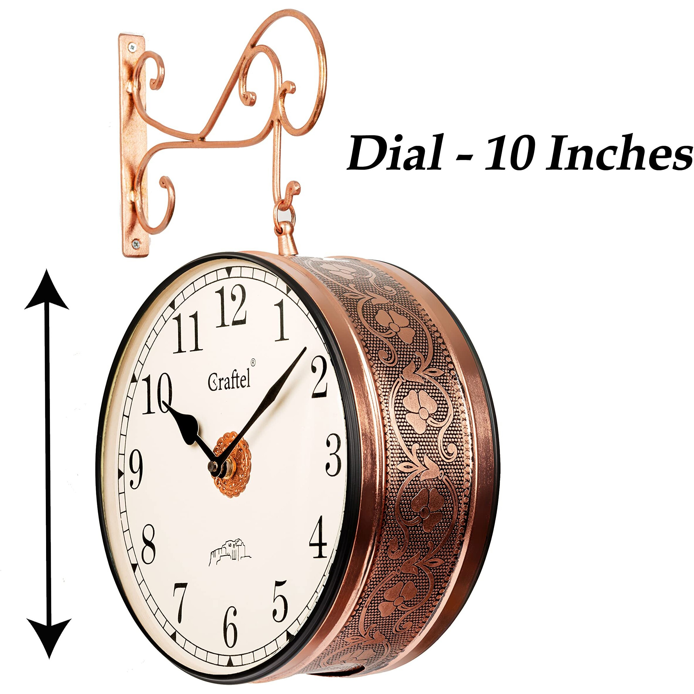 CRAFTEL Metal Analog Double Sided Vintage Station Wall Clock with Brass in Dial (Rose Gold_10 Inches)