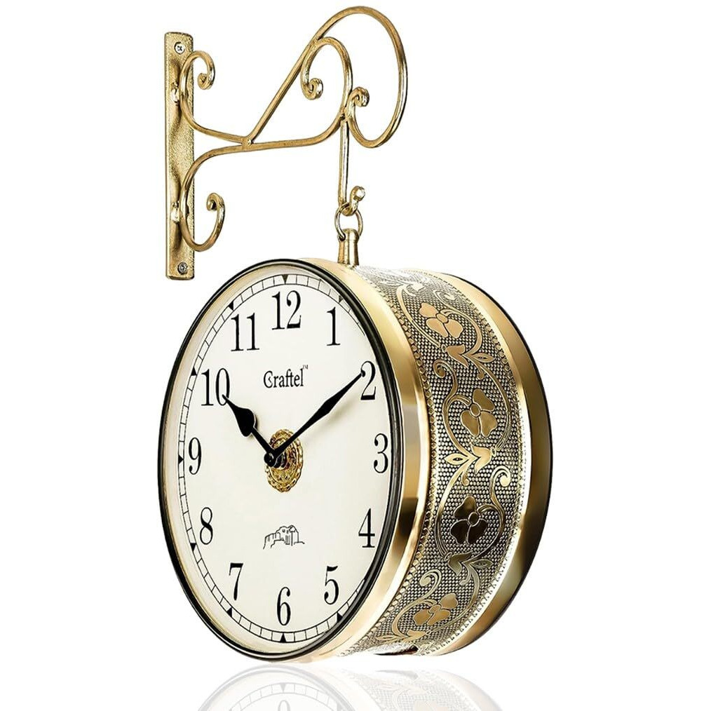 CRAFTEL Metal Analog Double Sided Vintage Station Wall Clock with Brass in dial (Golden, 10 Inches)