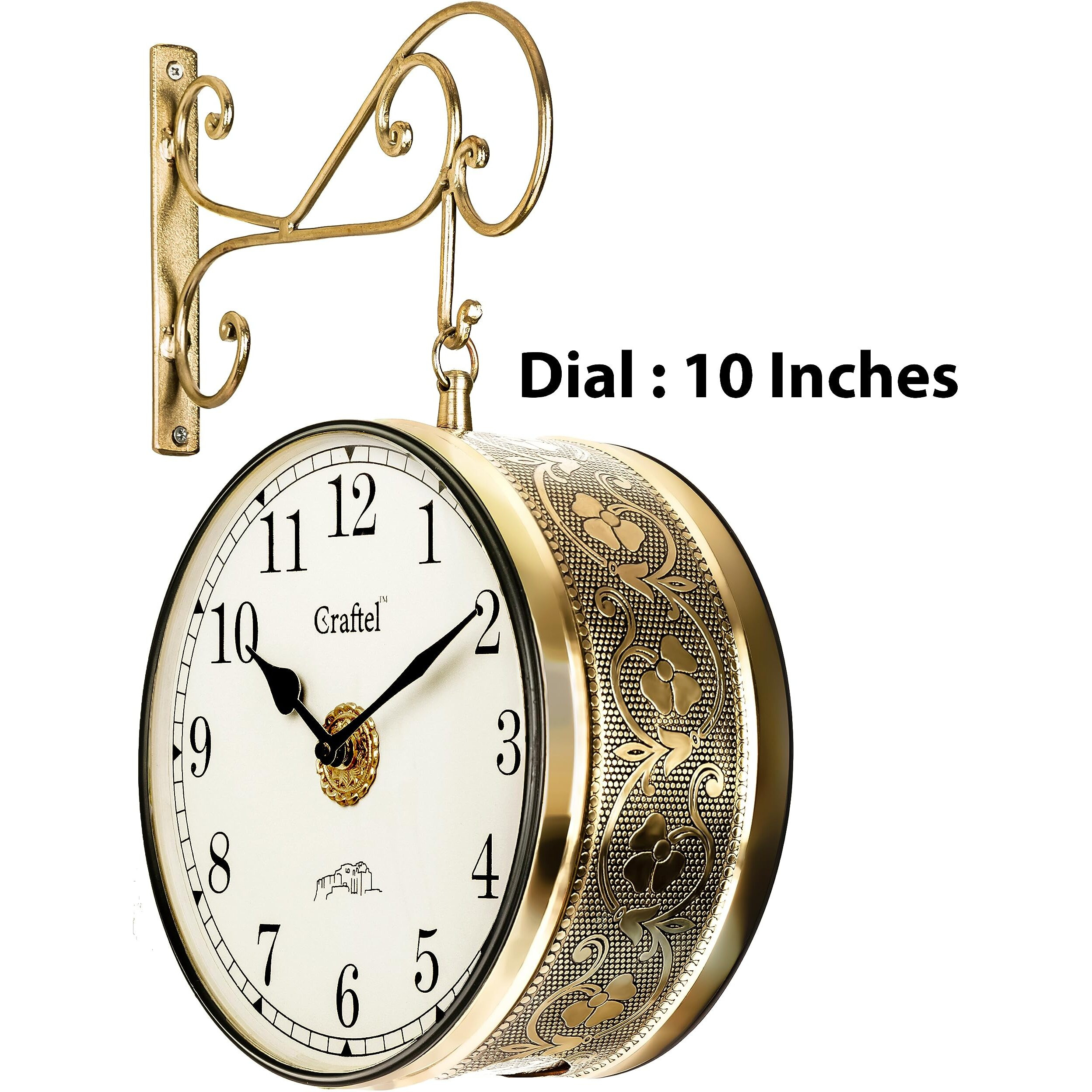 CRAFTEL Metal Analog Double Sided Vintage Station Wall Clock with Brass in dial (Golden, 10 Inches)