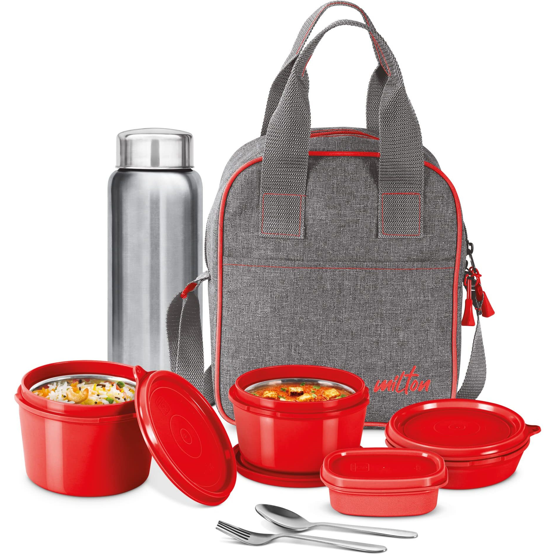 MILTON Savor Lunch Tiffin (3 Microwave Safe Inner Steel Containers, 180/320/450 ml 1 Plastic Chutney Dabba,100ml 1 Aqua Steel Bottle, 750ml, Steel Spoon and Fork) with Insulated Fabric Jacket, Red