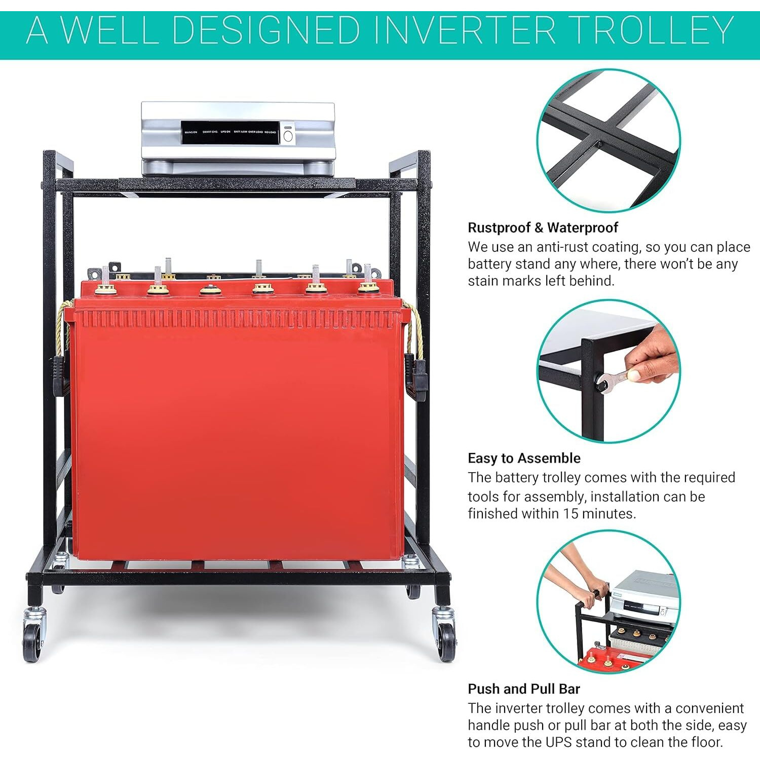 WINSTAR 2-Tier UPS Stand for Home and Office | Metal Inverter Trolley with Wheels | Battery Stand for Inverter with Shelf | Black, 2 Shelf (Double Battery Stand)