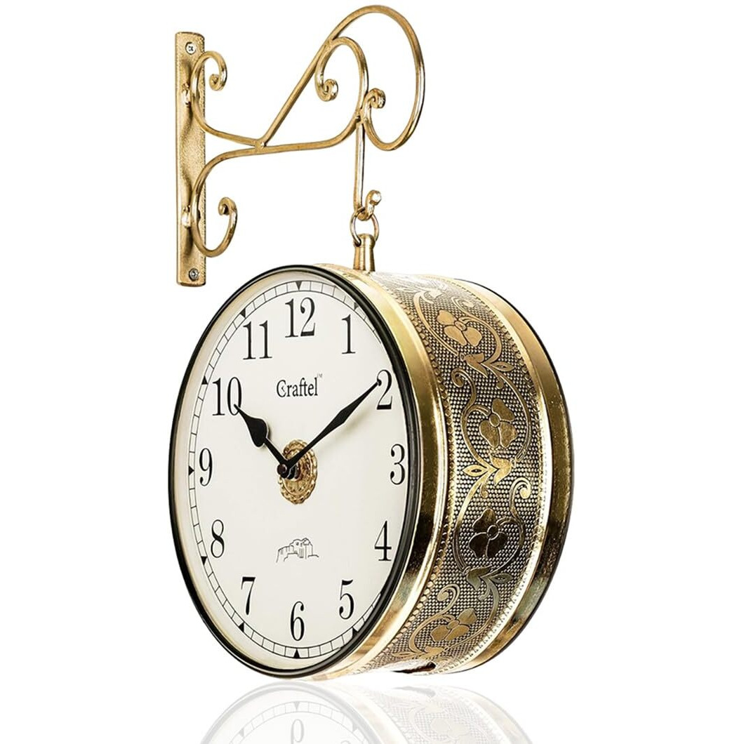 CRAFTEL Metal Analog Double Sided Vintage English Roman Station Wall Clock with Brass in dial (Golden_10 Inches)