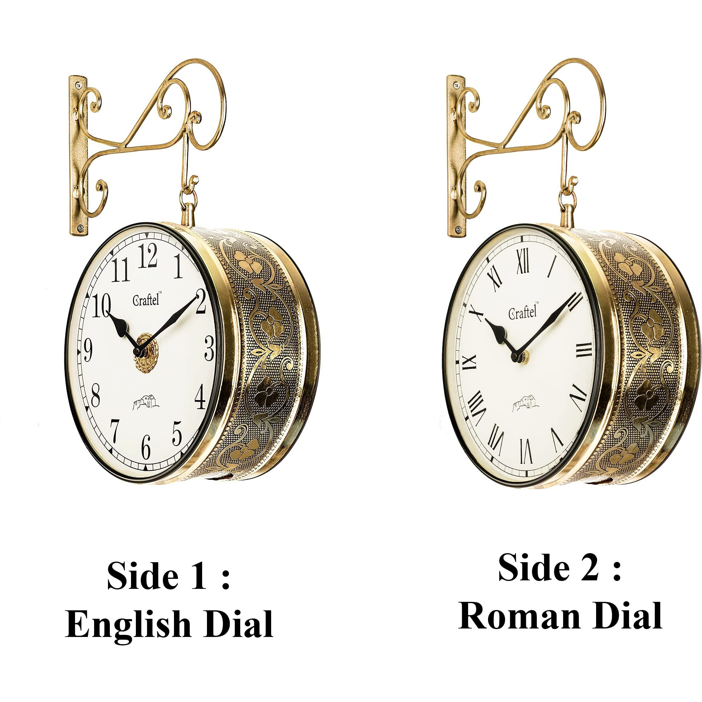 CRAFTEL Metal Analog Double Sided Vintage English Roman Station Wall Clock with Brass in dial (Golden_10 Inches)