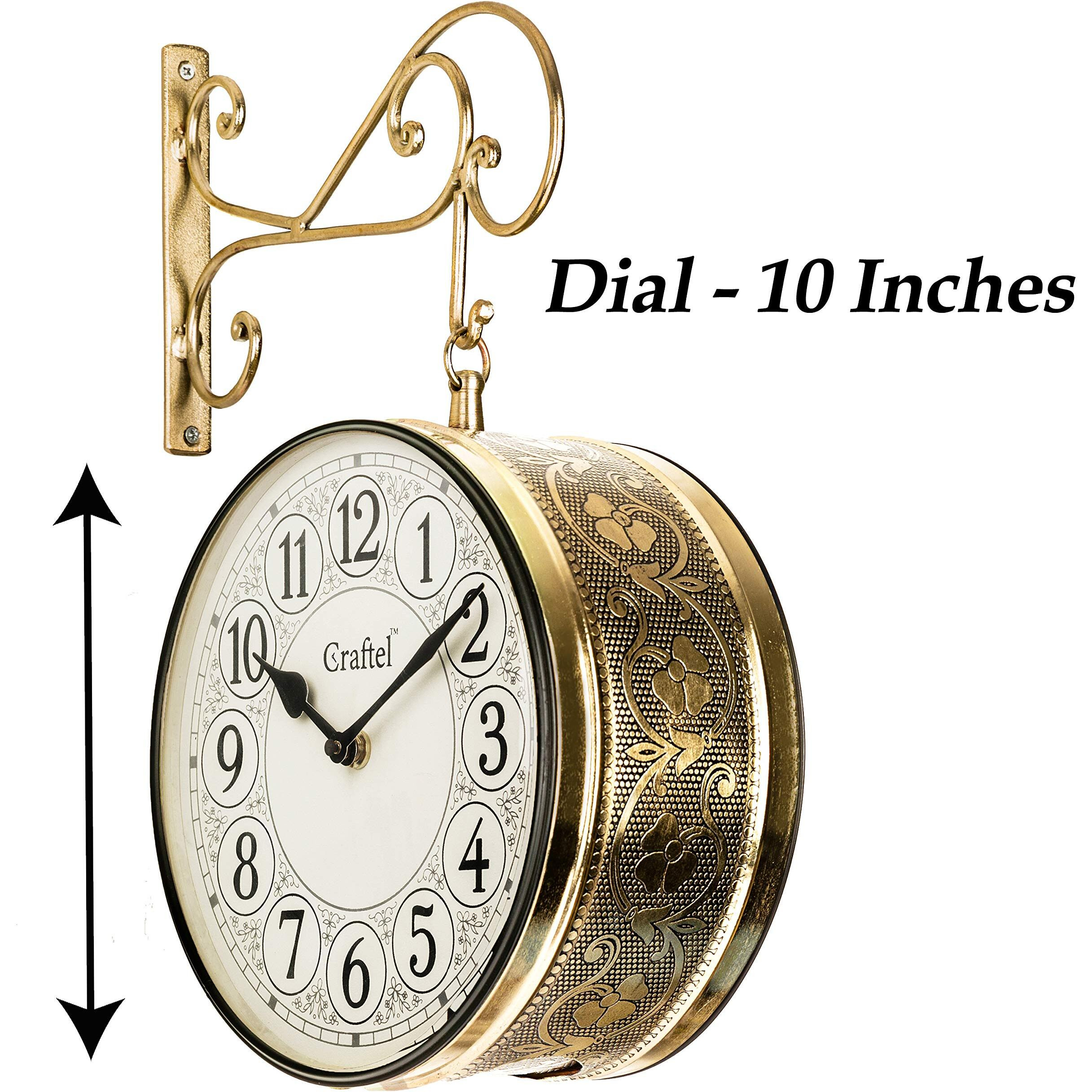 CRAFTEL Metal Analog Double Sided Vintage English Roman Station Wall Clock with Brass in dial (Golden_10 Inches)