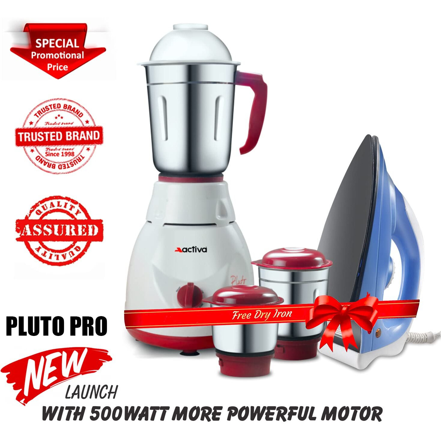 Activa Pluto 3 Jar 500 Watt Mixer Grinder With Coral 750 Watt Dry Iron come with 2 year warranty