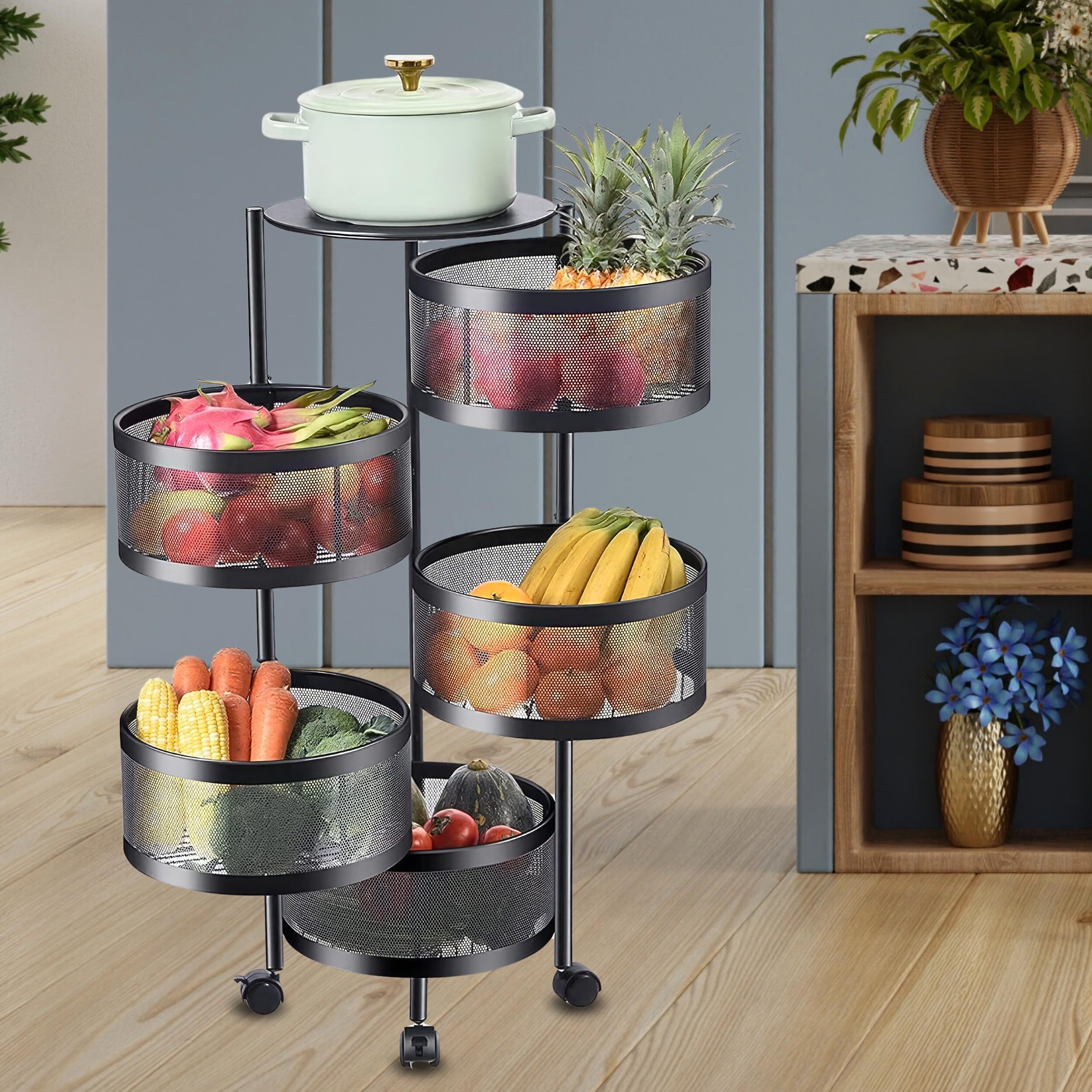 KWER Kitchen Trolley Round Onion Baskets for Storage Layer-5 Kitchen Accessories Items and Vegetable Basket for Kitchen Organizer Items and Storage Portable Kitchen Accessories with Wheels(Black)