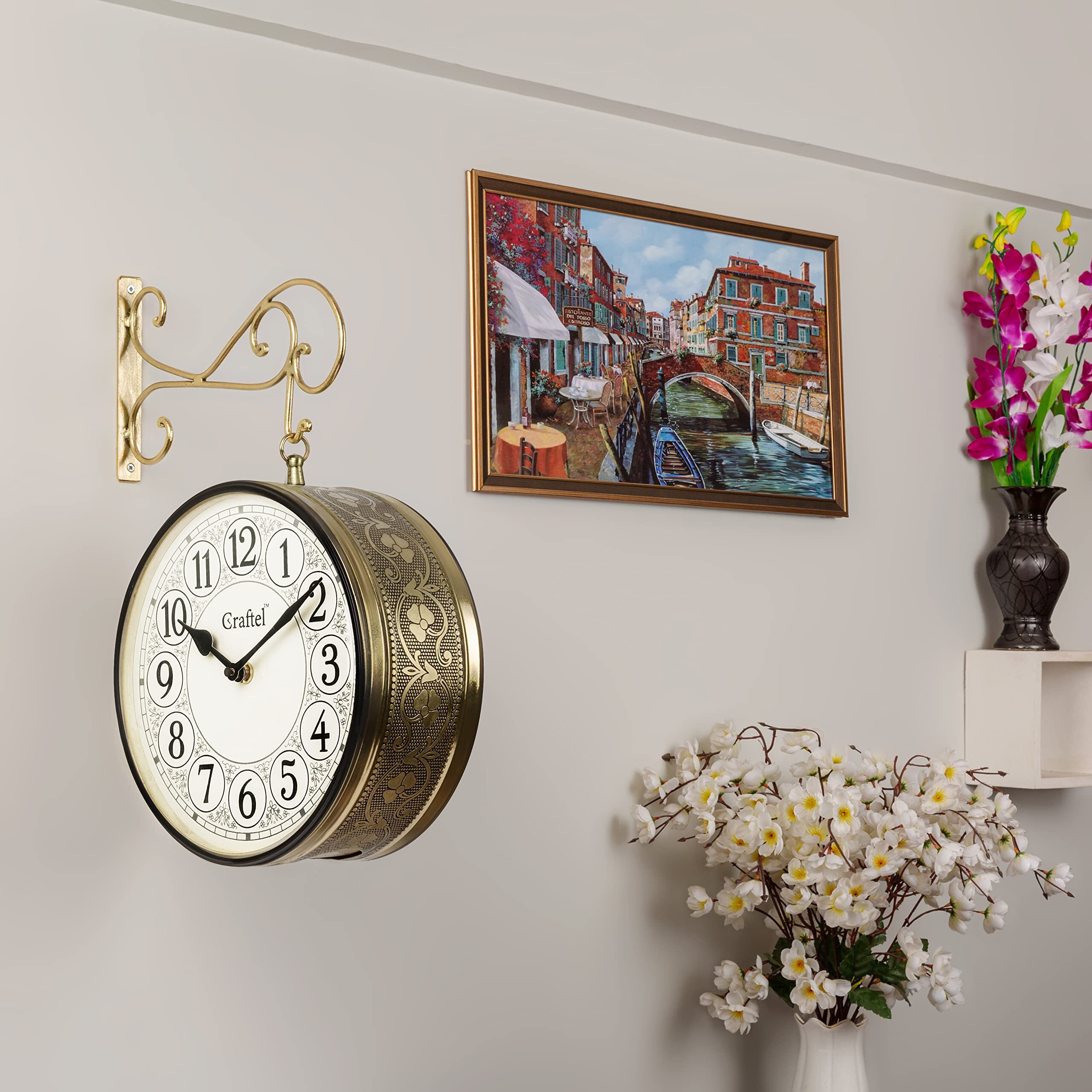 CRAFTEL Metal Analog Double Sided English Number Vintage Station Wall Clock for Living Room Home (Shiny Gold 12 Inches)