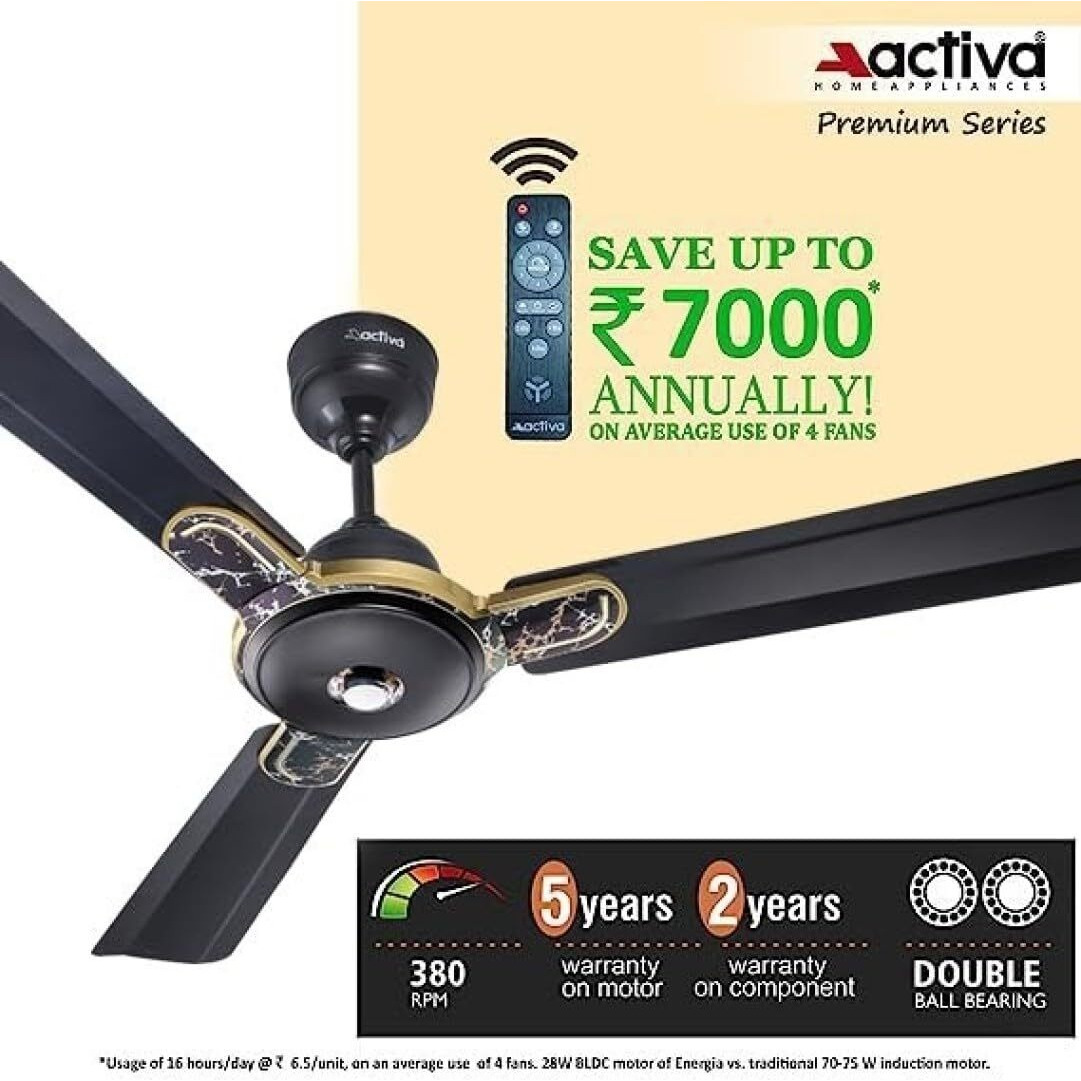 ACTIVA Energia Premium 1200 MM (28 Watts) 380 RPM BLDC Motor Fan With LED Light |Remote| 3 Blade Energy Saving Ceiling Fan With 5 Year Warranty Pack of 2 (MARBEL BLACK)