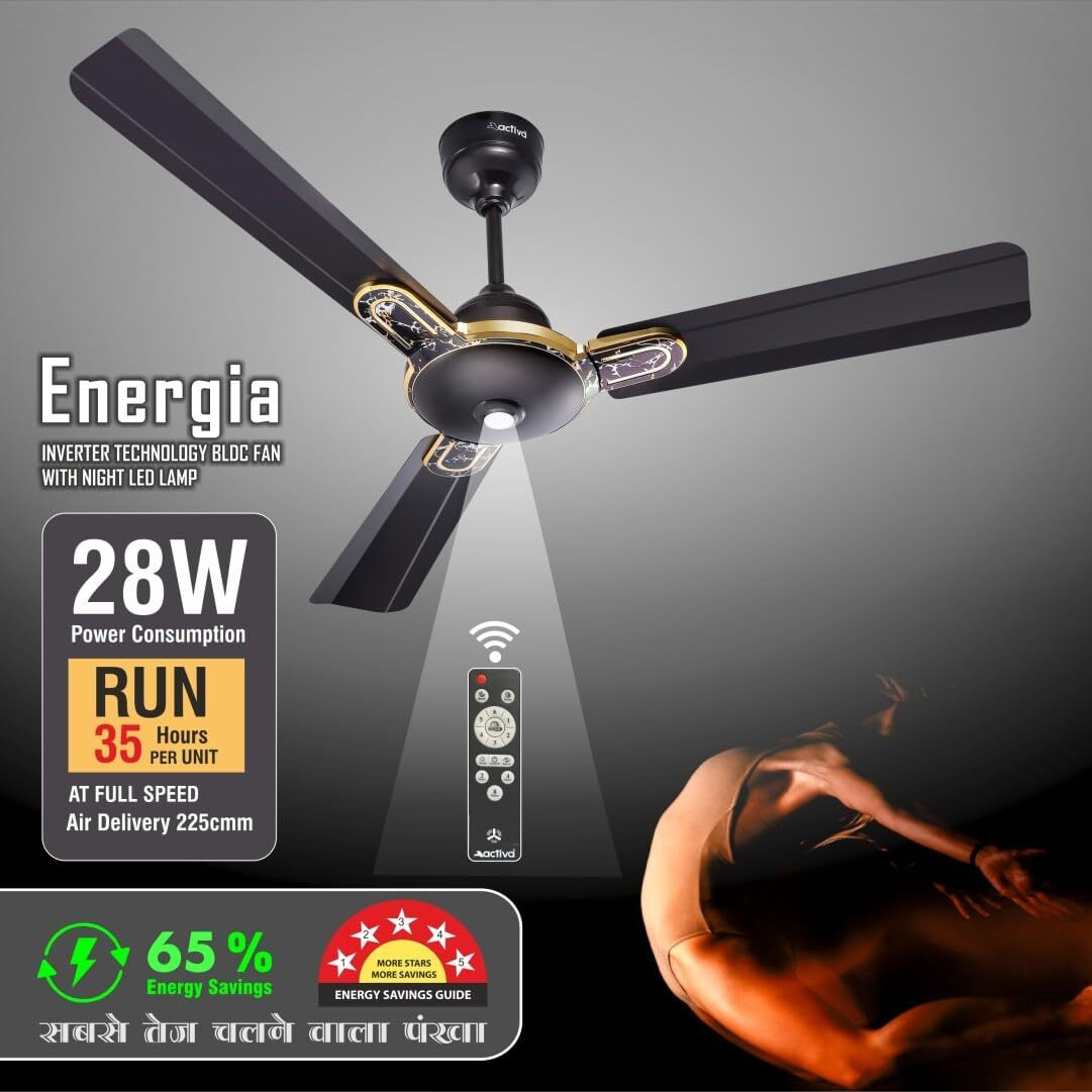 ACTIVA Energia Premium 1200 MM (28 Watts) 380 RPM BLDC Motor Fan With LED Light |Remote| 3 Blade Energy Saving Ceiling Fan With 5 Year Warranty Pack of 2 (MARBEL BLACK)