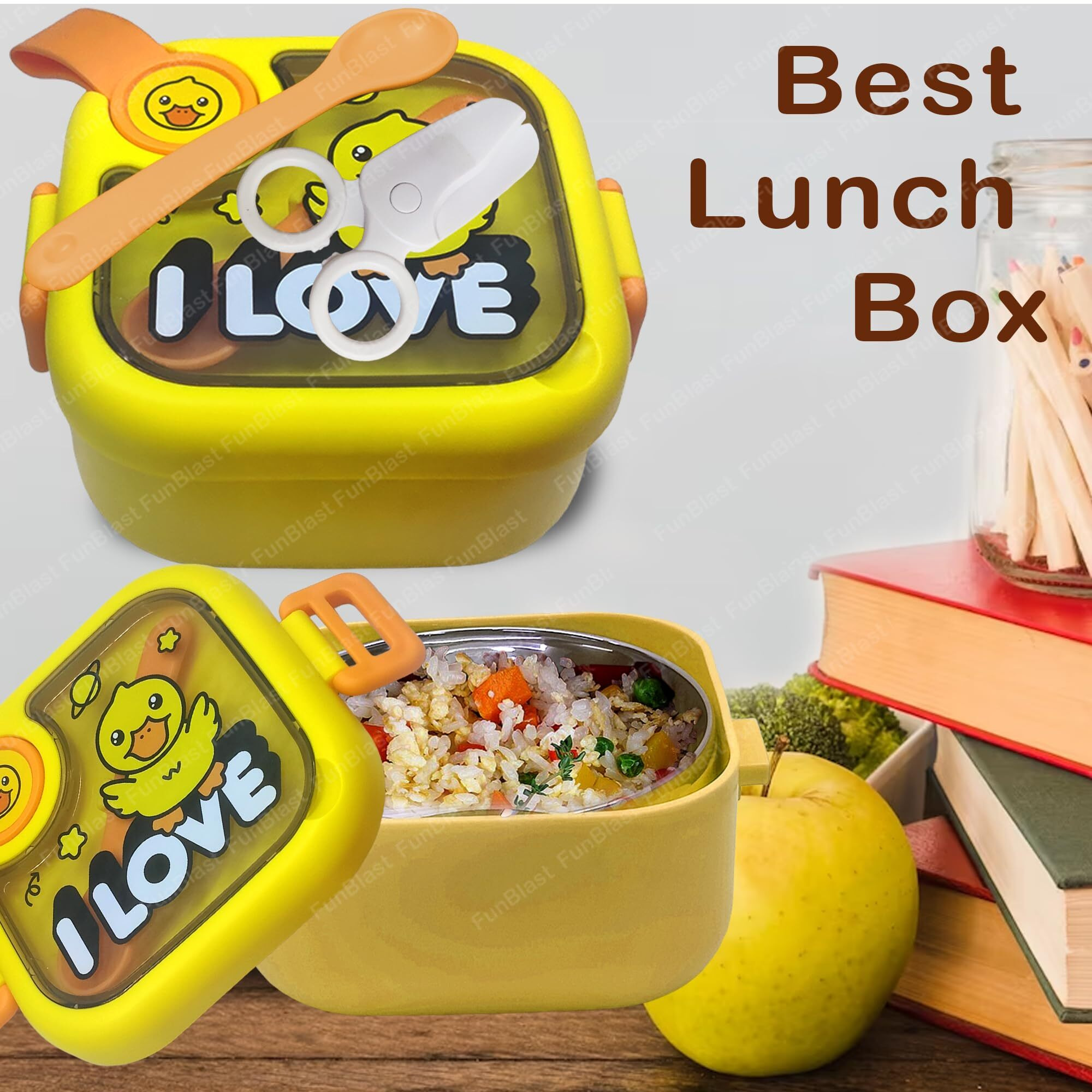 Funblast Lunch Box For School Kids Duck Theme Lunch Box With Spoon,Ss304 Lunch Box,Tiffin Box For School,Air-Tight Lunch Box,Insulated Lunch Box,Lunch Box - Stainless Steel, 750 Ml, Multicolor