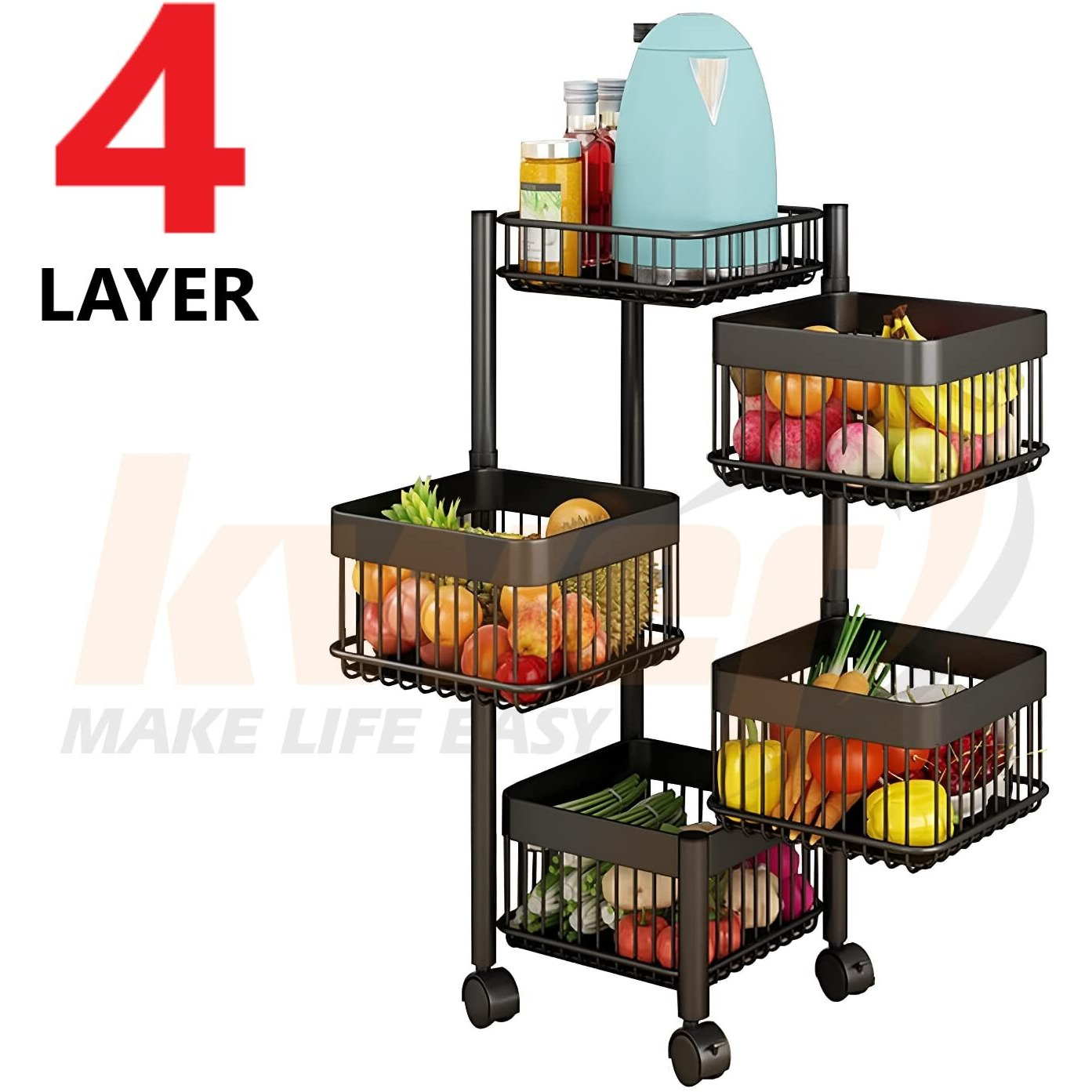 KWER Kitchen Trolley Wire Onion Baskets for Storage Layer-4 Kitchen Accessories Items and Vegetable Stand for Kitchen Organizer Items and Storage Kitchen Accessories with Wheels(Black)