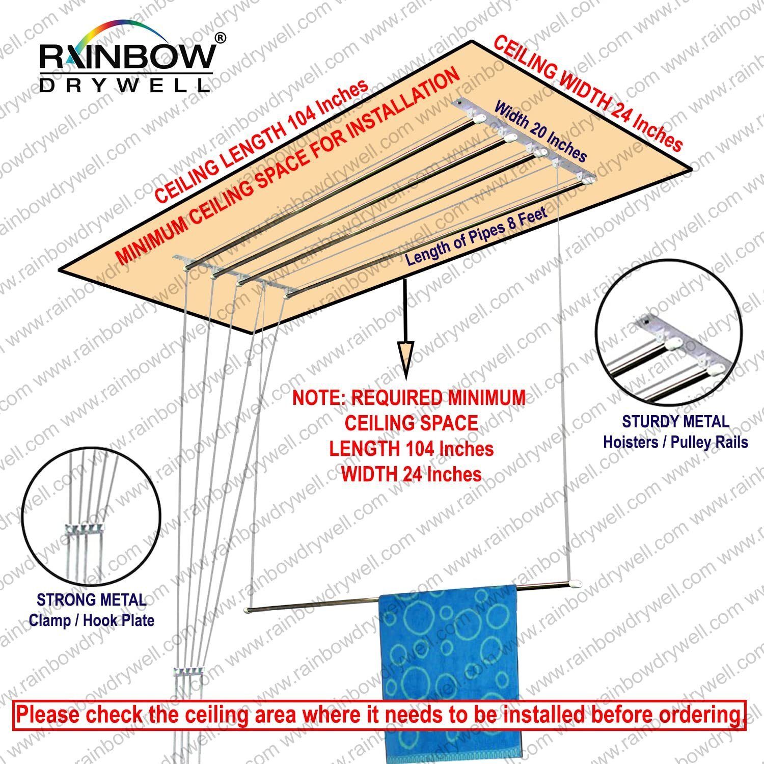 Rainbow Drywell Luxury 5 Pipes 8 Feet Stainless Steel Roof/Ceiling Pulley Operated Individual drop down Drying Rack/Cloth Dryer/Clothes Hanger for Balcony/Passage/Bathroom