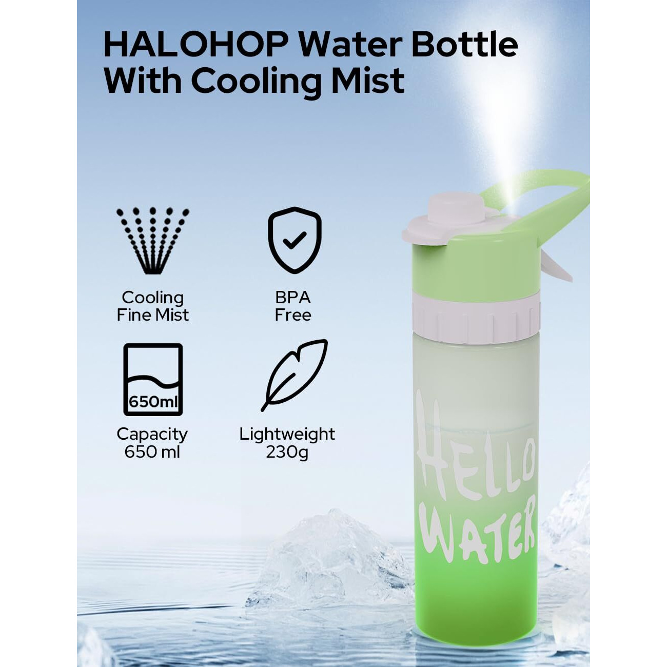 Halohop Sports Unbreakable Mist Spray Water Bottle - Leak-Proof, Durable BPA-Free Cool Summer Sipper Bottle for Gym | Outdoors | Office 650ml (Green)