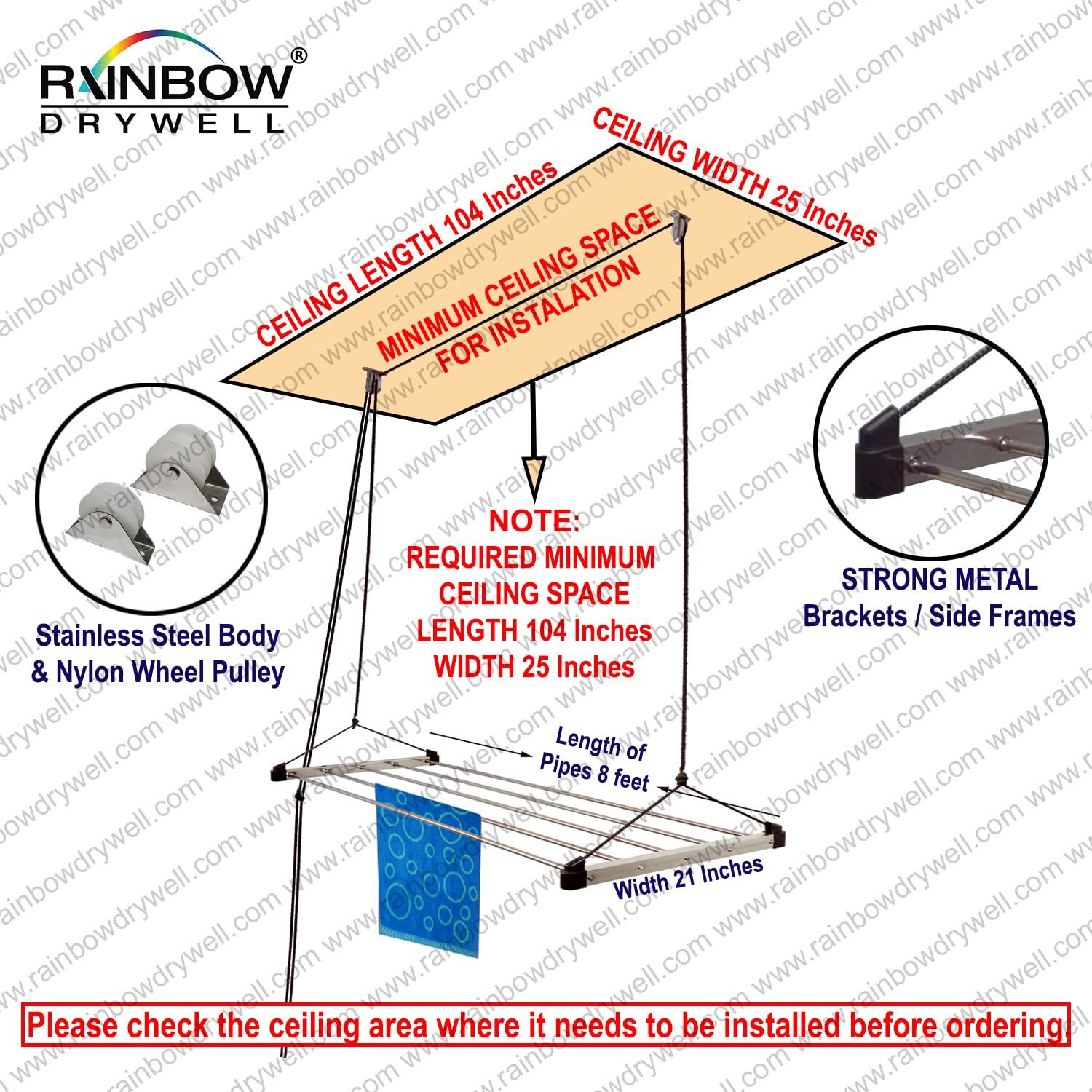 Rainbow Drywell Economy 5 Pipes 8 Feet Stainless Steel Roof/Ceiling Pulley Operated Drying Rack/Cloth Dryer/Clothes Hanger for Balcony/Passage/Bathroom