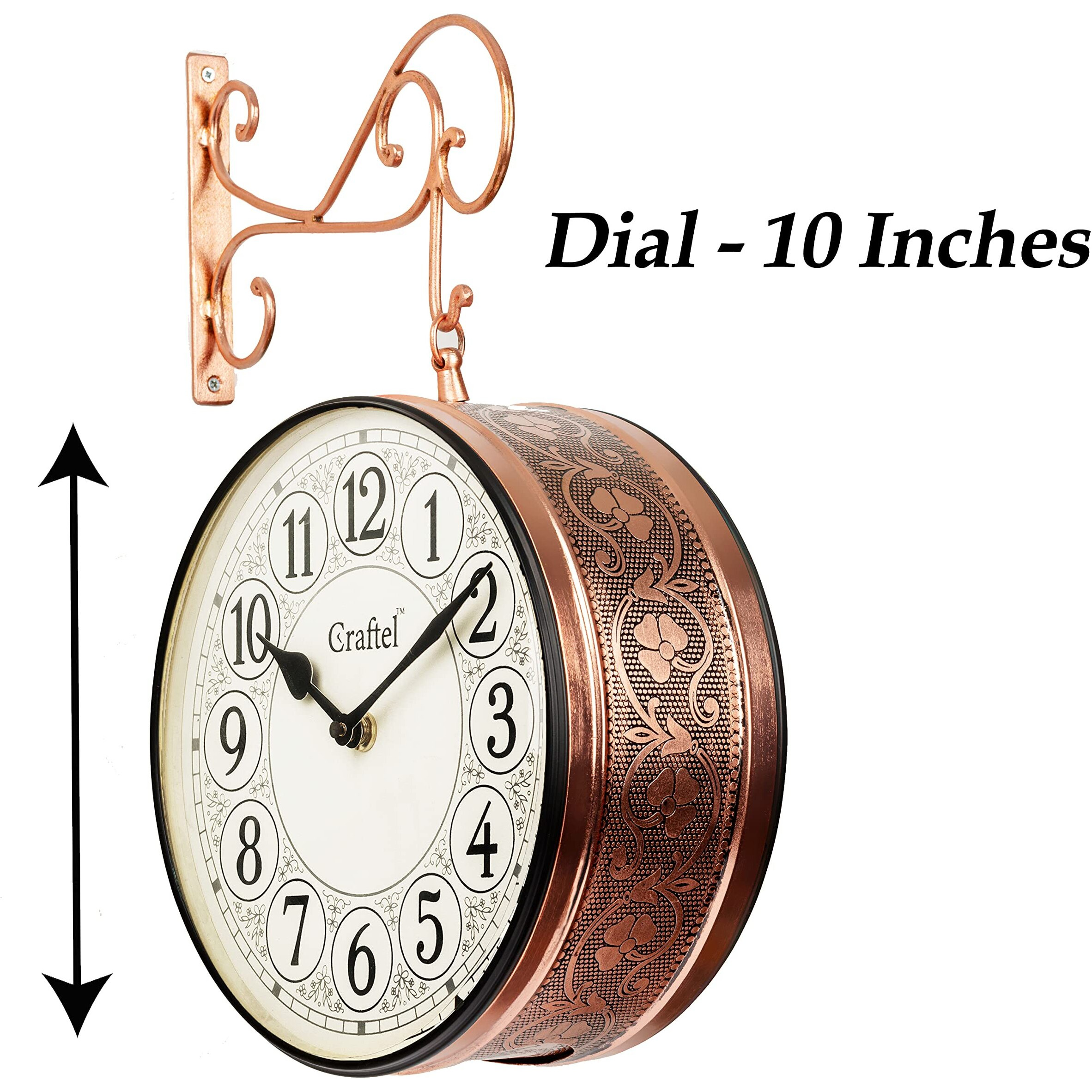 CRAFTEL Metal Analog Railway Station Clock Double Sided Vintage Wall Clock for Living Room Home and Office (Rose Gold_10 Inches)