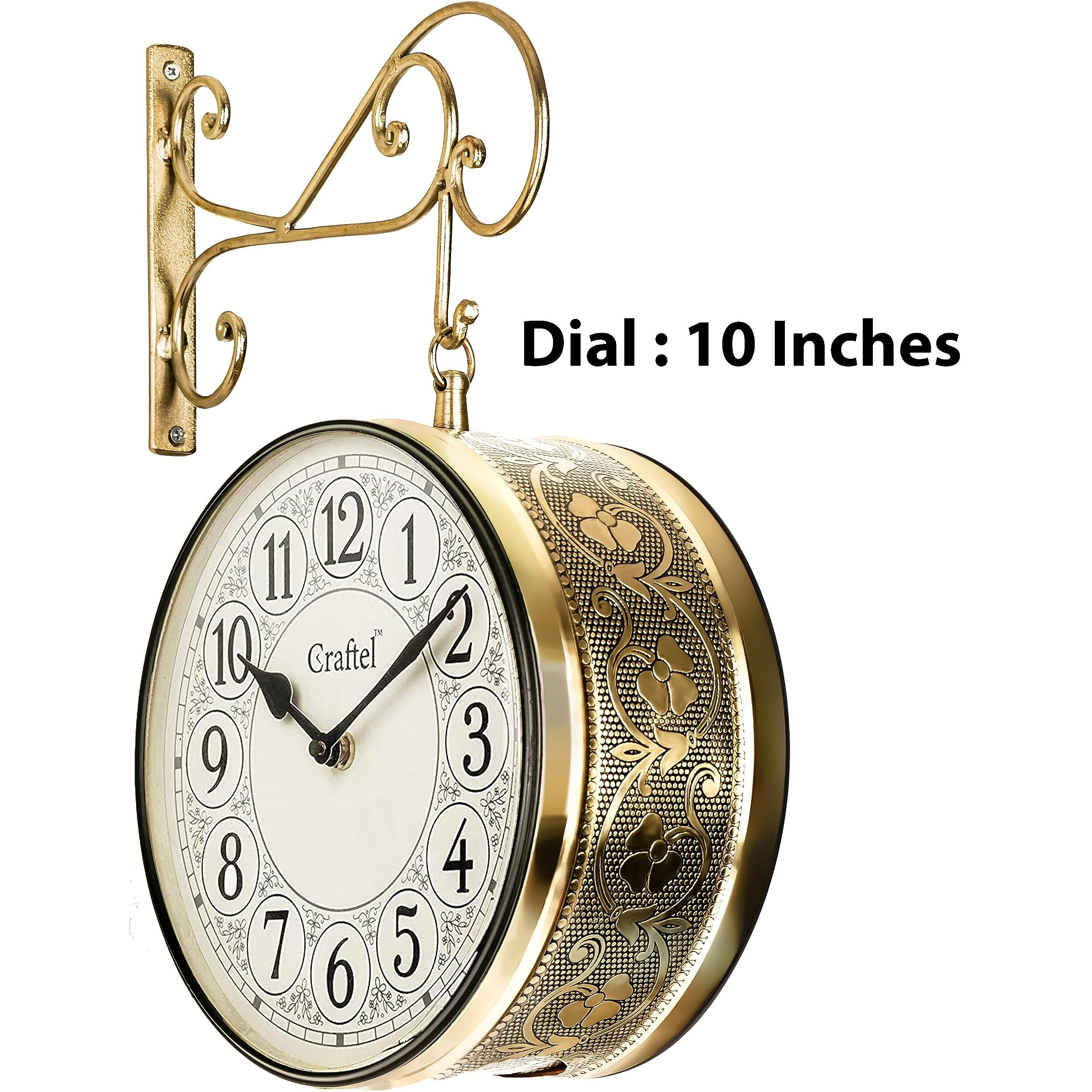 CRAFTEL Metal Analog Double Sided Vintage Station Wall Clock for Home (Shiny Gold_10 Inches)