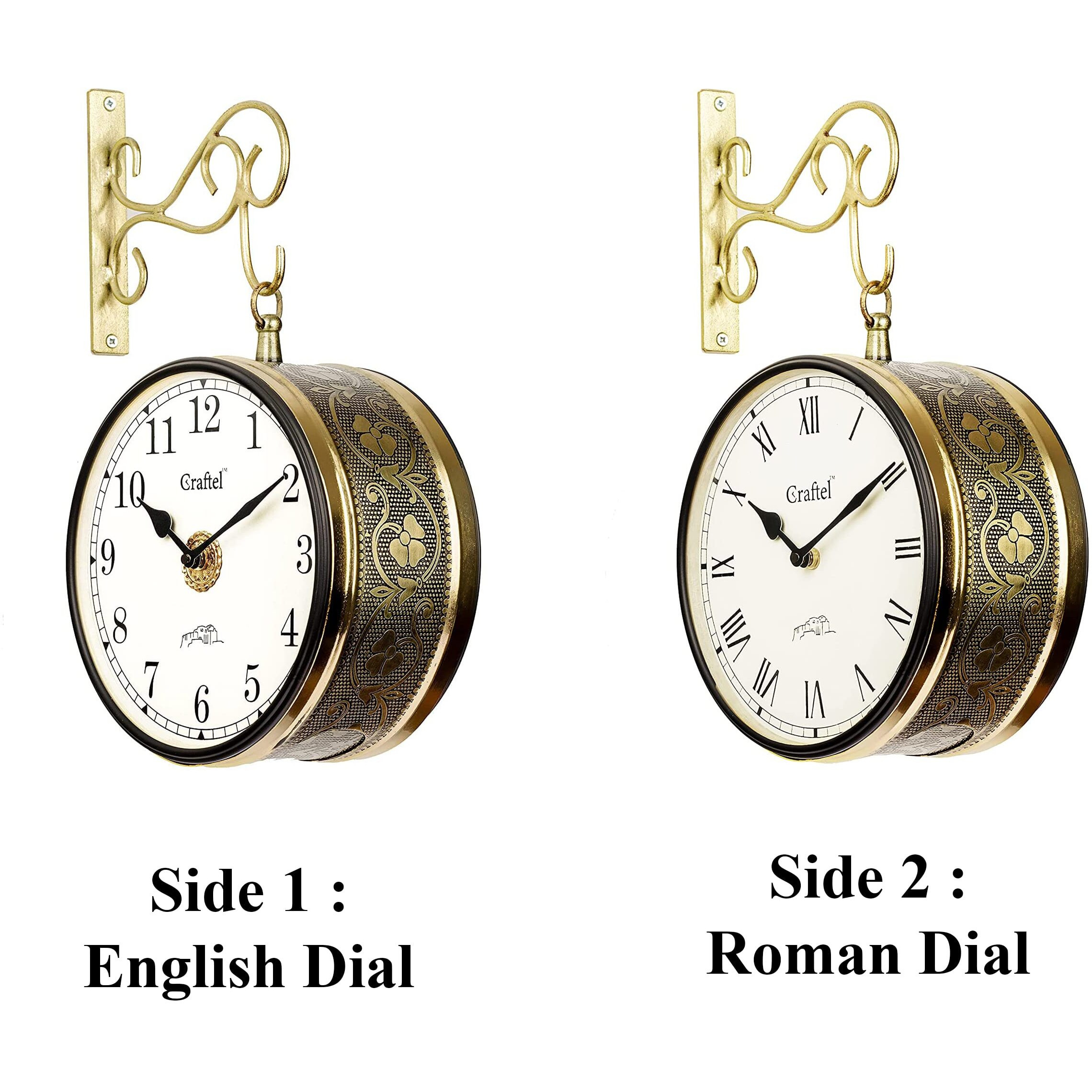 CRAFTEL Metal Analog Double Sided Vintage English Roman Station Wall Clock with Brass in dial (Shiny Gold_8 Inches)