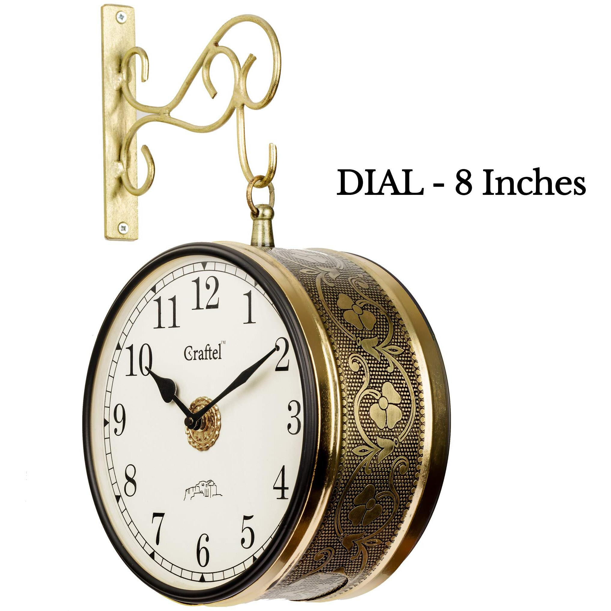 CRAFTEL Metal Analog Double Sided Vintage English Roman Station Wall Clock with Brass in dial (Shiny Gold_8 Inches)