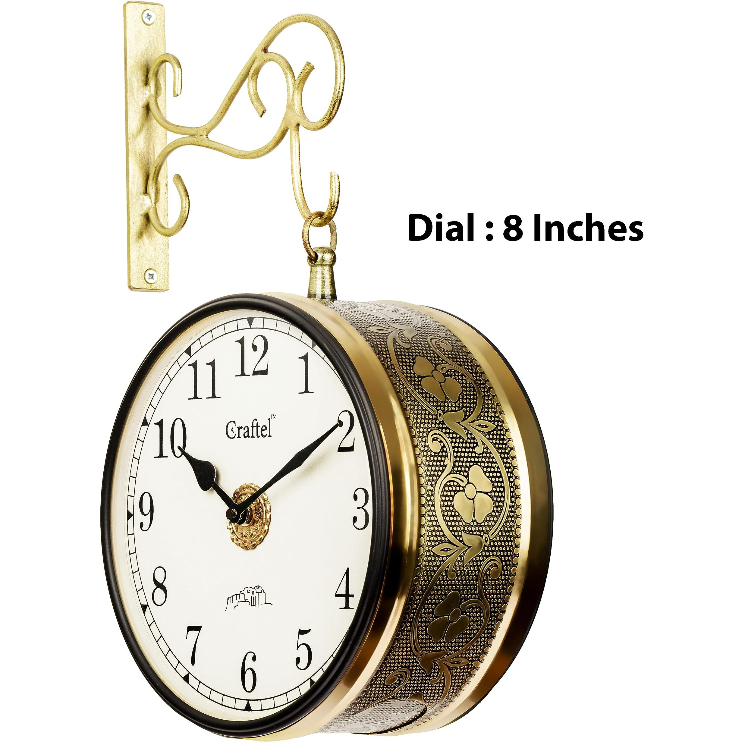 CRAFTEL Metal Analog Double Sided Vintage Station Wall Clock with Brass in dial (Shiny Gold_8 Inches)