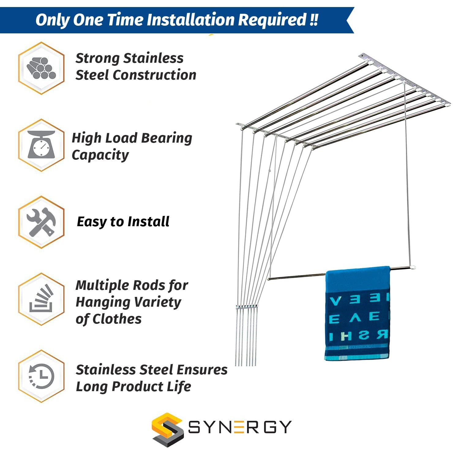 Synergy - 8 Pipes x 5 Feet - Heavy Duty - Stainless Steel Ceiling Clothes Hanger/Cloth Dryer with UV Protected Rope and Individual Drop Down Railers (SY-CL2-8P)